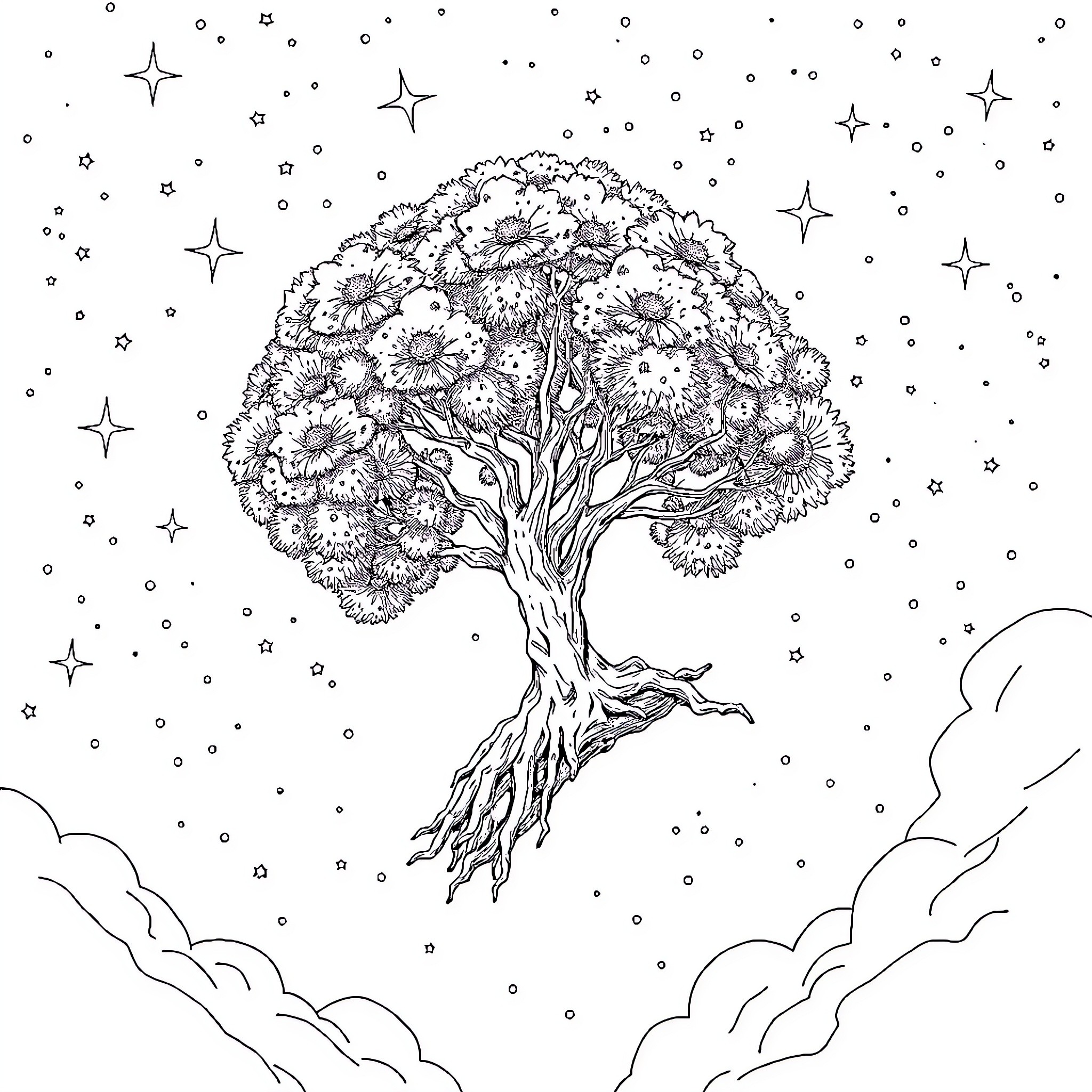 Tree adorned with blooming flowers under starry night sky Coloring Page (free black-and-white line drawing printable PDF for all, from beginners to advanced learners, including children, teens, adults, and seniors)