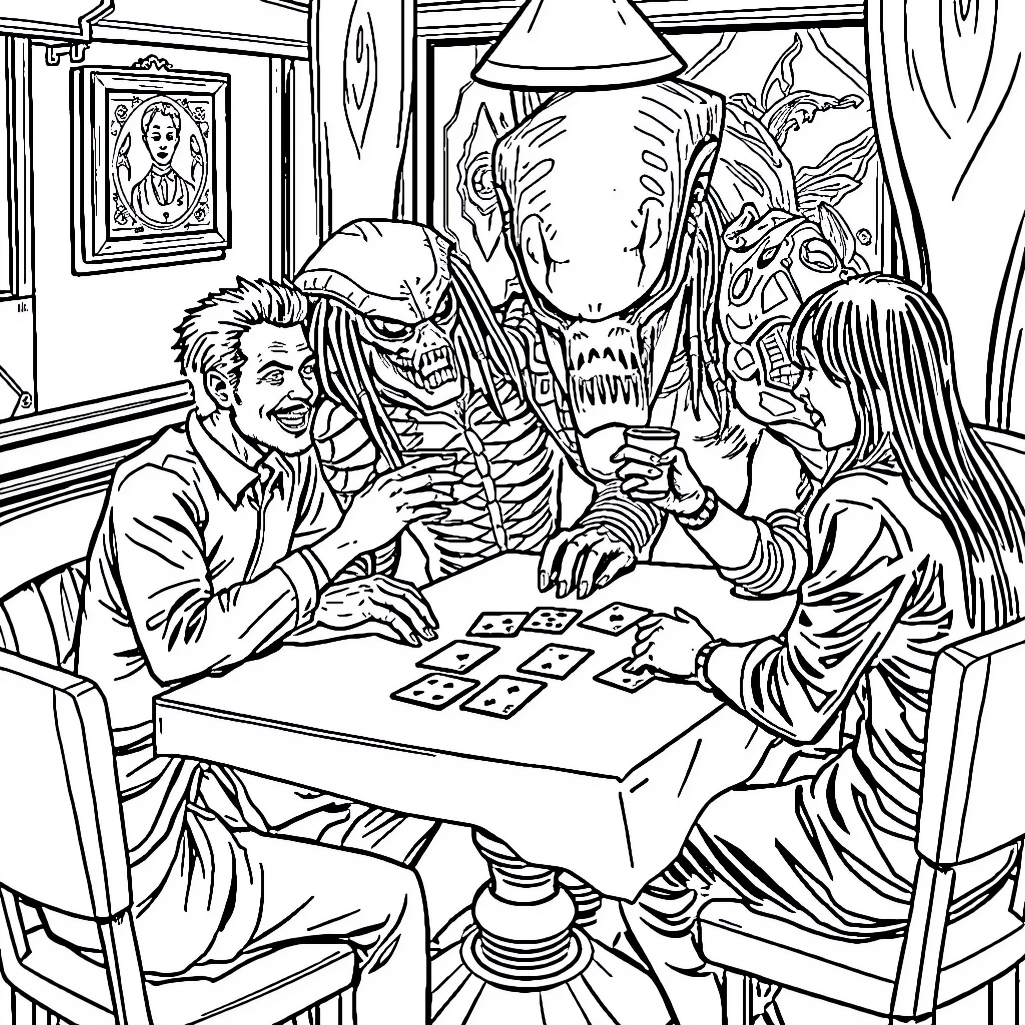 Alien Poker Night with Bizarre Creatures Coloring Page (free black-and-white line drawing printable PDF for all, from beginners to advanced learners, including children, teens, adults, and seniors)