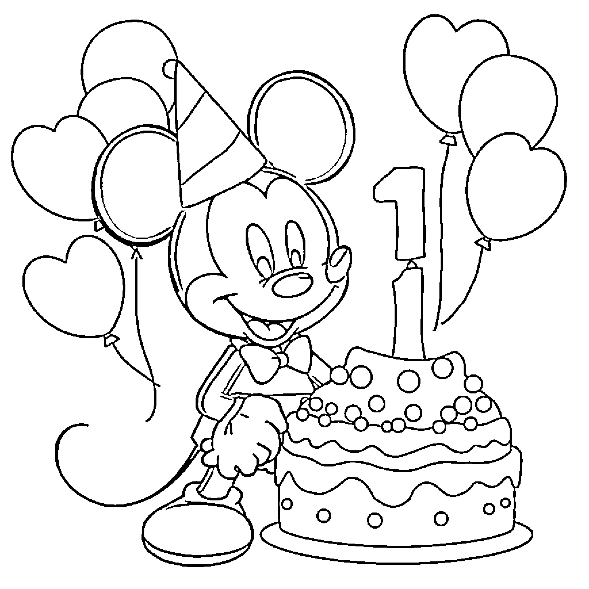 Mickey Mouse celebrates 1st birthday with cake and balloons Coloring Page (free black-and-white line drawing printable PDF for all, from beginners to advanced learners, including children, teens, adults, and seniors)