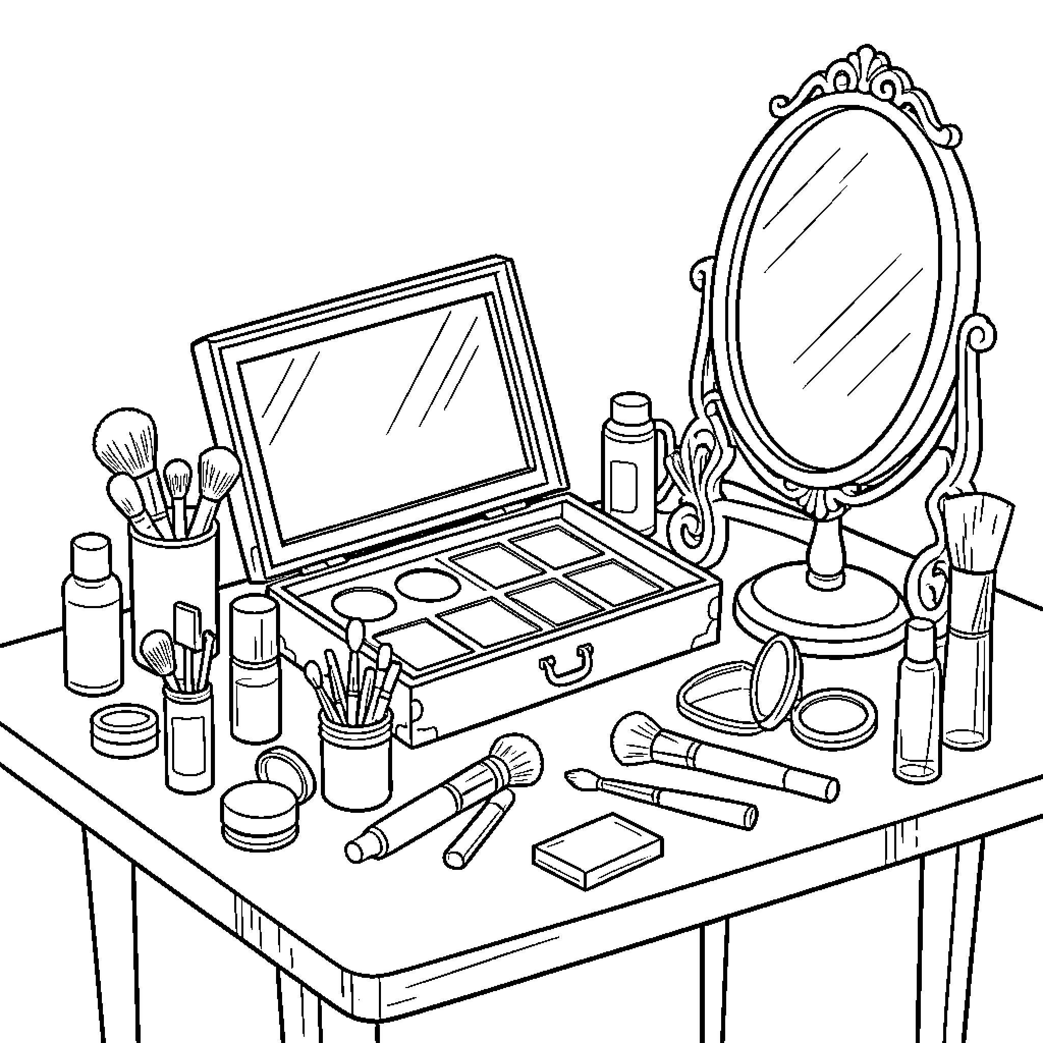 Makeup Kit arranged on a vanity table with mirror Coloring Page (free black-and-white line drawing printable PDF for all, from beginners to advanced learners, including children, teens, adults, and seniors)