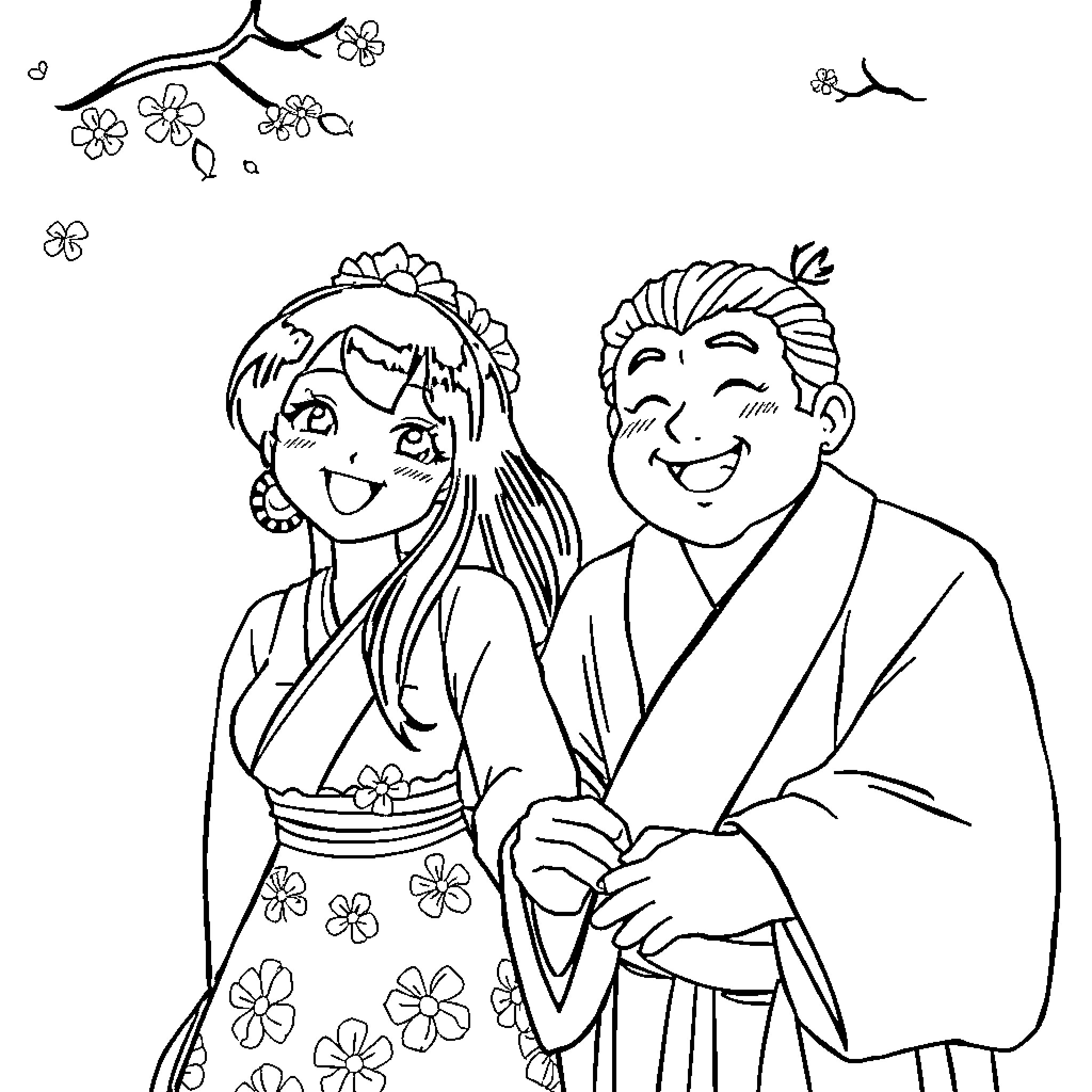 Nezuko and companion in traditional Japanese attire Coloring Page (free black-and-white line drawing printable PDF for all, from beginners to advanced learners, including children, teens, adults, and seniors)