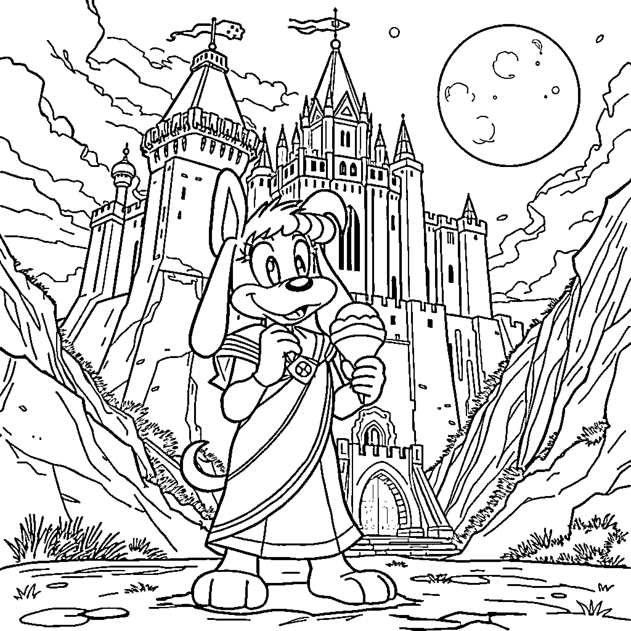 Sailor Pluto protecting the magical castle Coloring Page (free black-and-white line drawing printable PDF for all, from beginners to advanced learners, including children, teens, adults, and seniors)