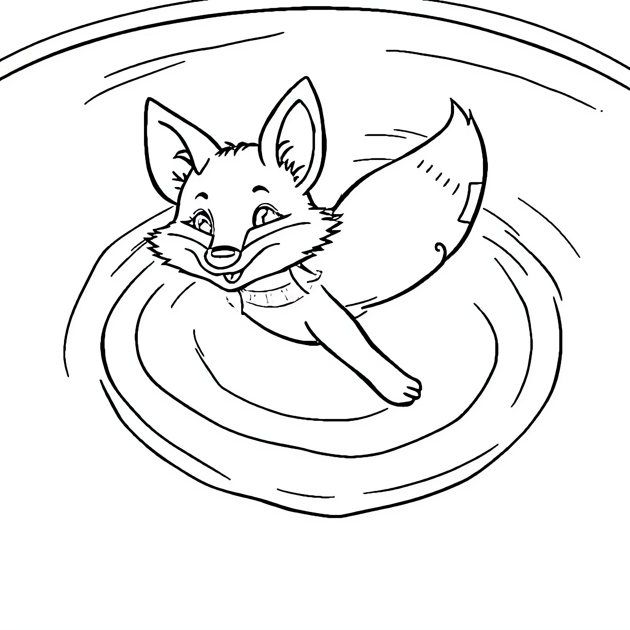 Fox playing joyfully in a circle Coloring Page (free black-and-white line drawing printable PDF for all, from beginners to advanced learners, including children, teens, adults, and seniors)