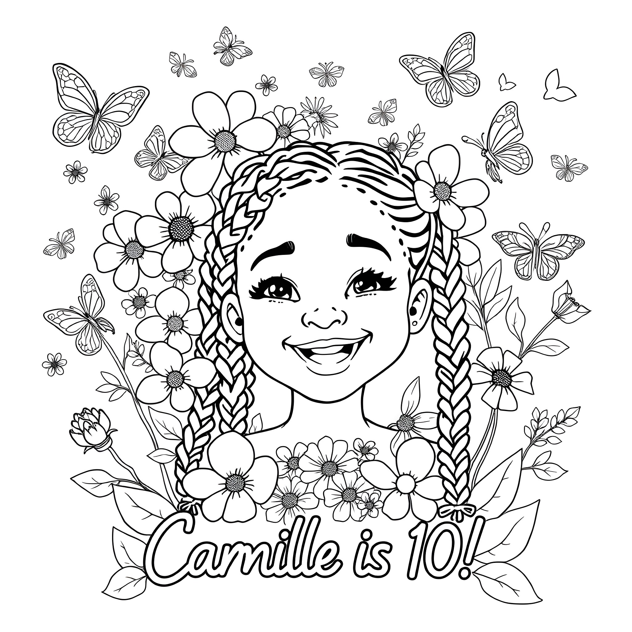 Girl with braided hairstyle surrounded by flowers and butterflies Coloring Page (free black-and-white line drawing printable PDF for all, from beginners to advanced learners, including children, teens, adults, and seniors)