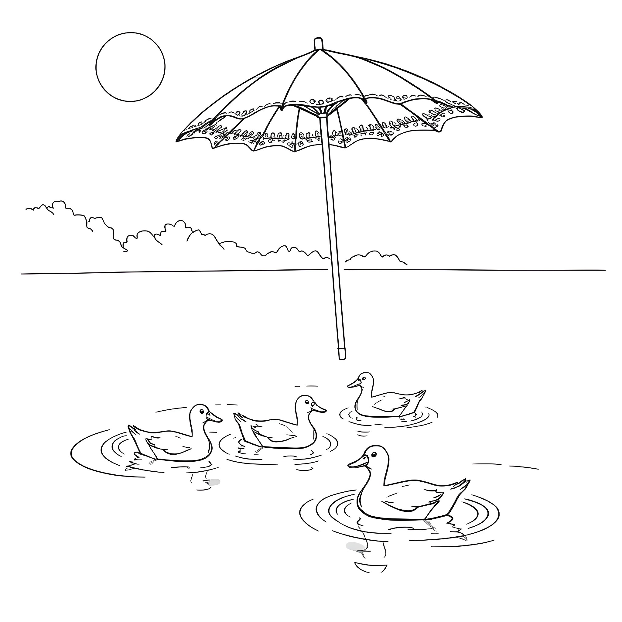 Duck family relaxing under the parasol Coloring Page (free black-and-white line drawing printable PDF for all, from beginners to advanced learners, including children, teens, adults, and seniors)