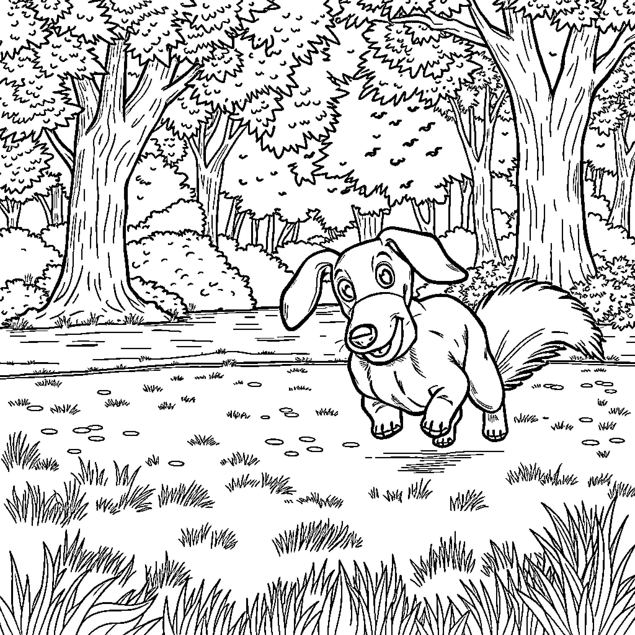 Dachshund exploring the enchanting forest Coloring Page (free black-and-white line drawing printable PDF for all, from beginners to advanced learners, including children, teens, adults, and seniors)
