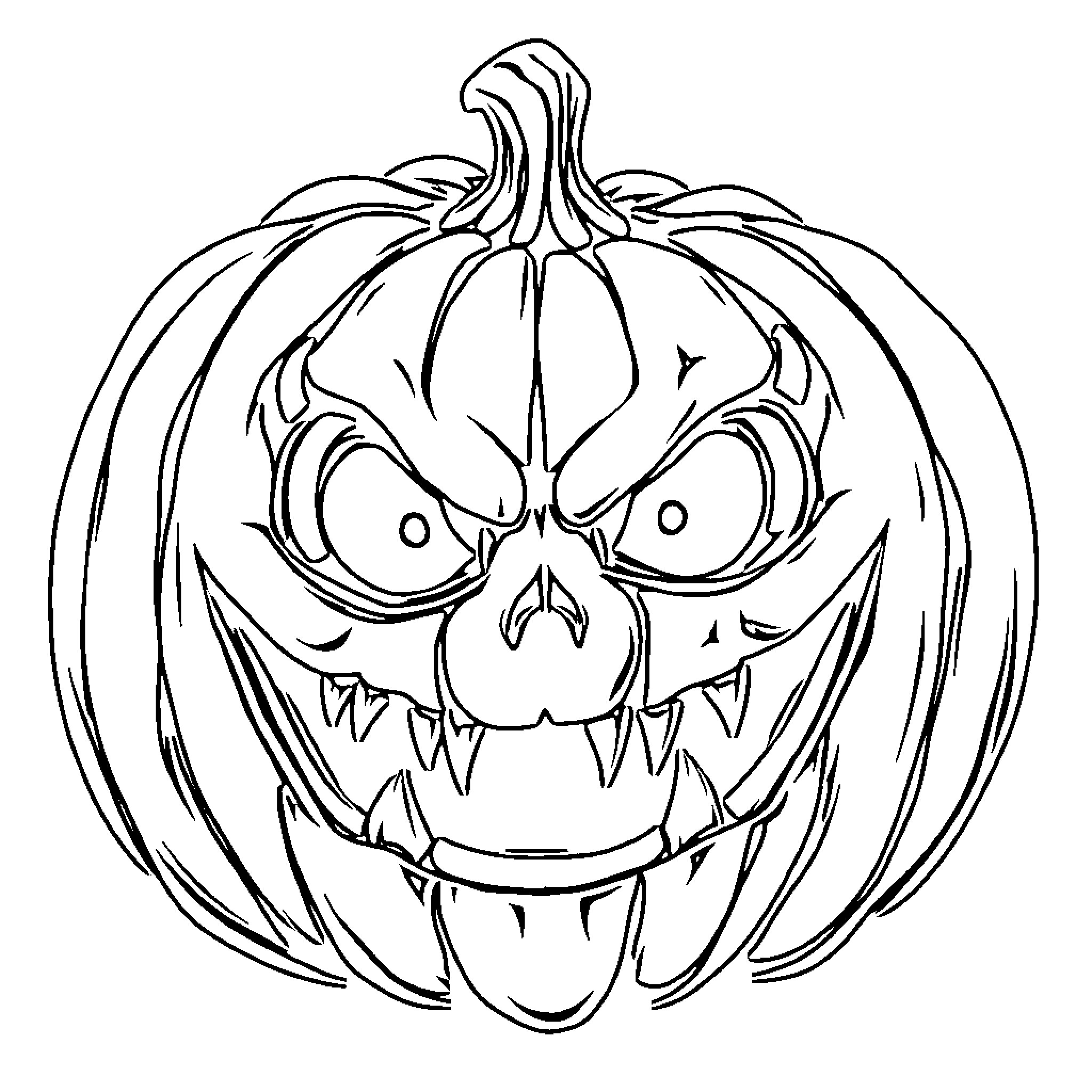 Pumpkin with Frightening Expression Coloring Page (free black-and-white line drawing printable PDF for all, from beginners to advanced learners, including children, teens, adults, and seniors)
