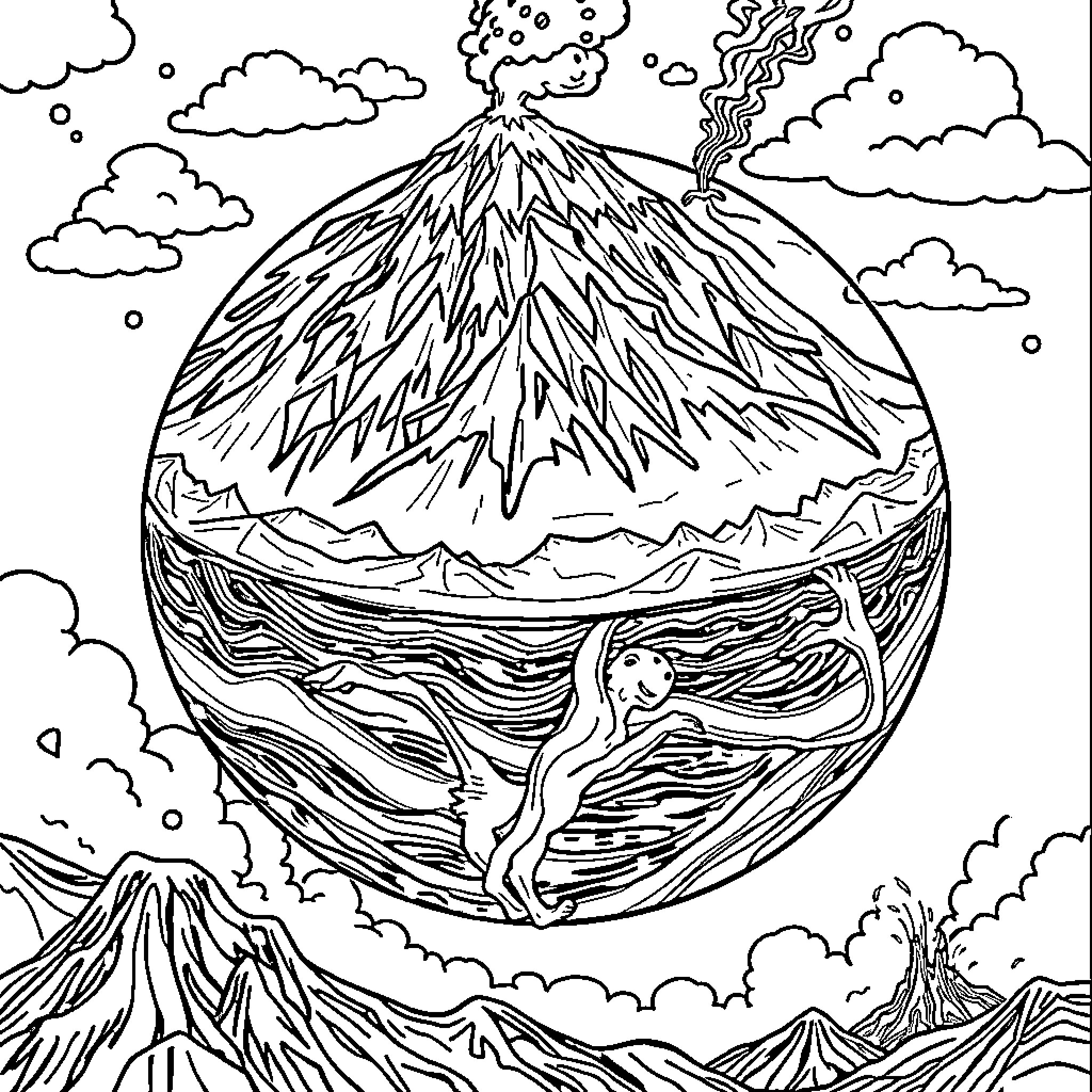 Earth's Volcanic Eruption and Landscapes Coloring Page (free black-and-white line drawing printable PDF for all, from beginners to advanced learners, including children, teens, adults, and seniors)