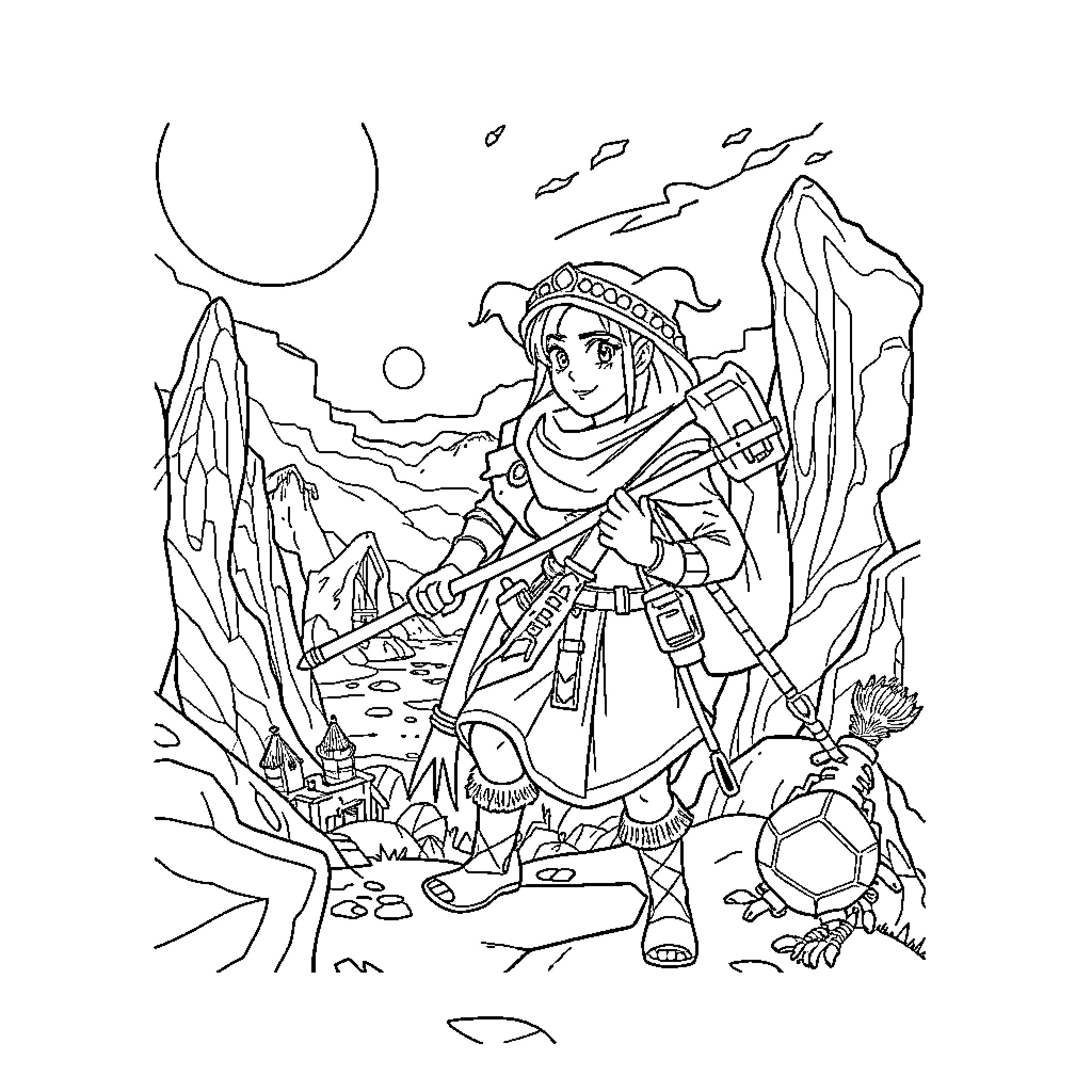 Huntrix in a fantastical landscape Coloring Page (free black-and-white line drawing printable PDF for all, from beginners to advanced learners, including children, teens, adults, and seniors)