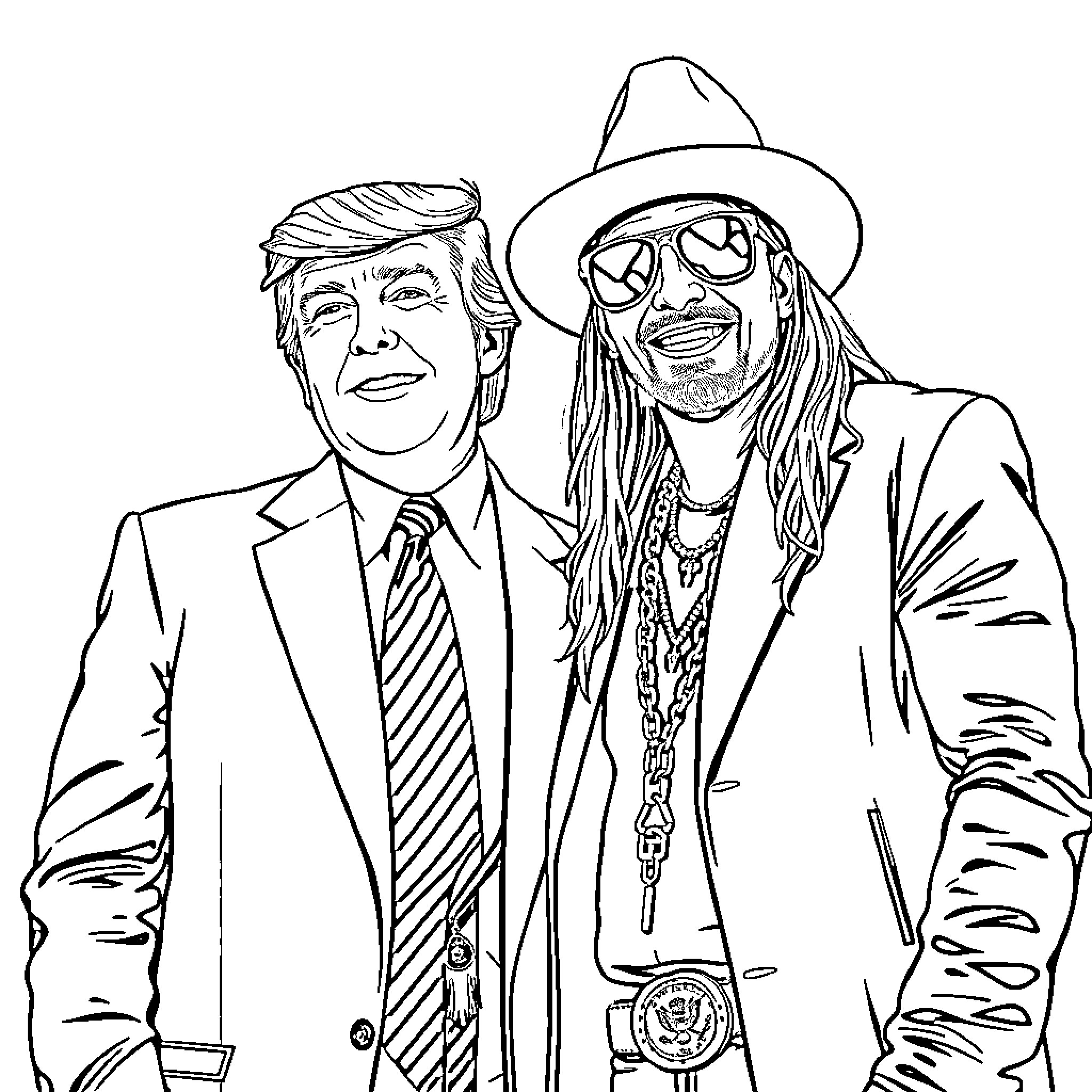 Donald Trump posing with eccentric celebrity figure Coloring Page (free black-and-white line drawing printable PDF for all, from beginners to advanced learners, including children, teens, adults, and seniors)