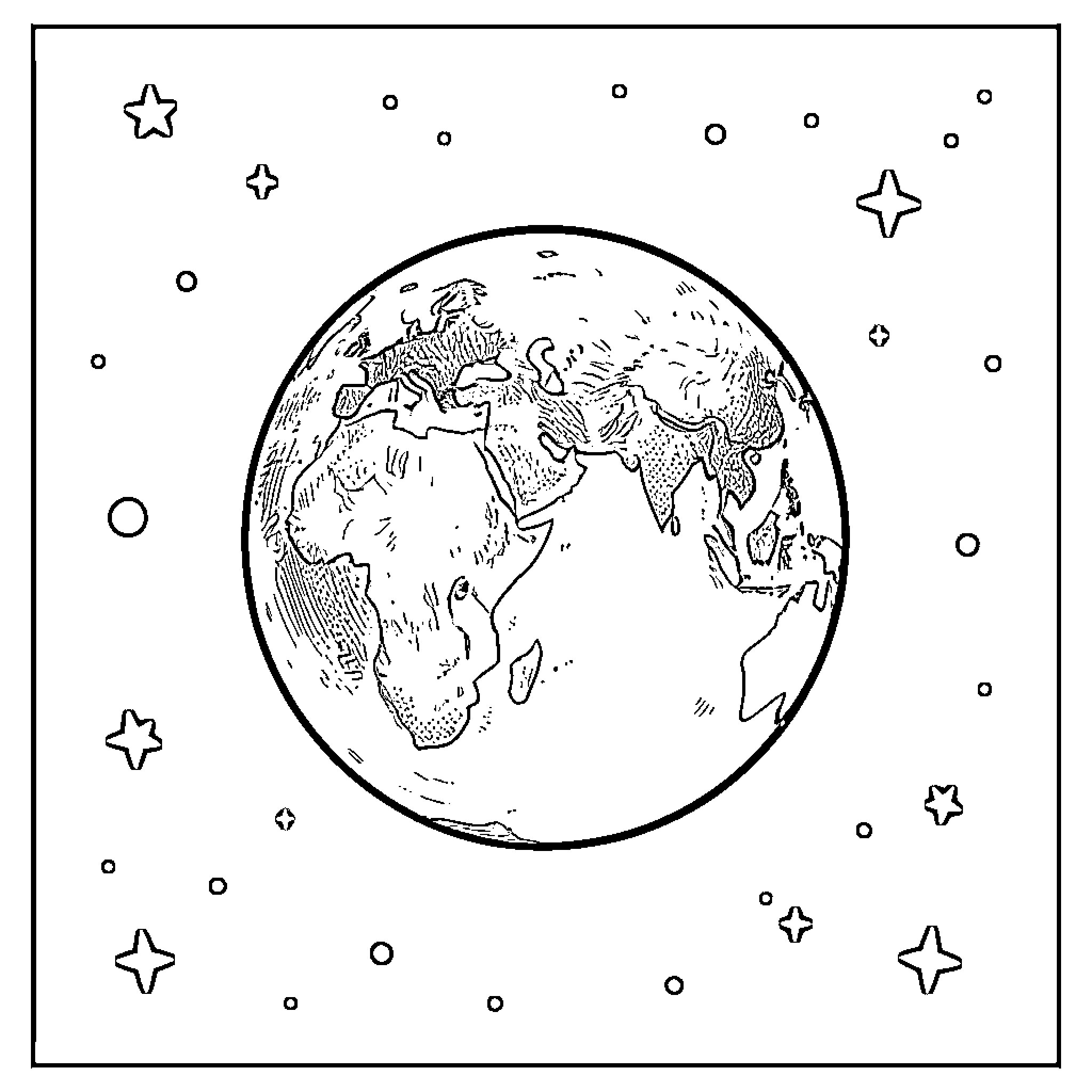 Moon and stars surrounding the Earth Coloring Page (free black-and-white line drawing printable PDF for all, from beginners to advanced learners, including children, teens, adults, and seniors)