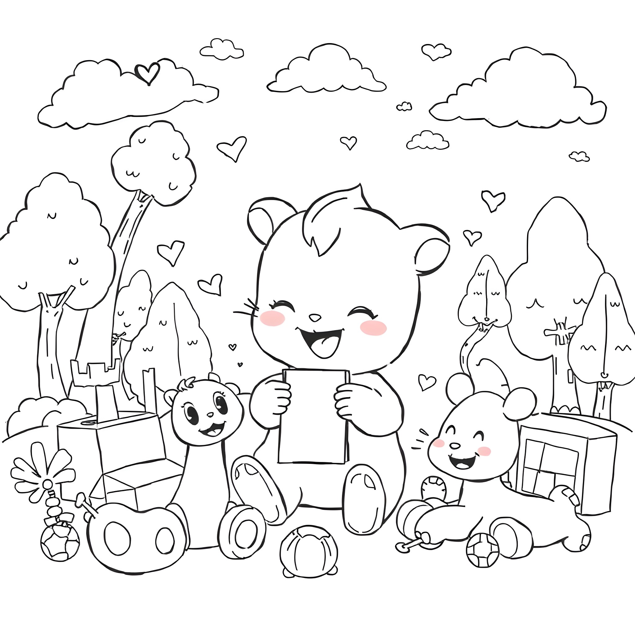 Labubu and friends playing happily in nature Coloring Page (free black-and-white line drawing printable PDF for all, from beginners to advanced learners, including children, teens, adults, and seniors)