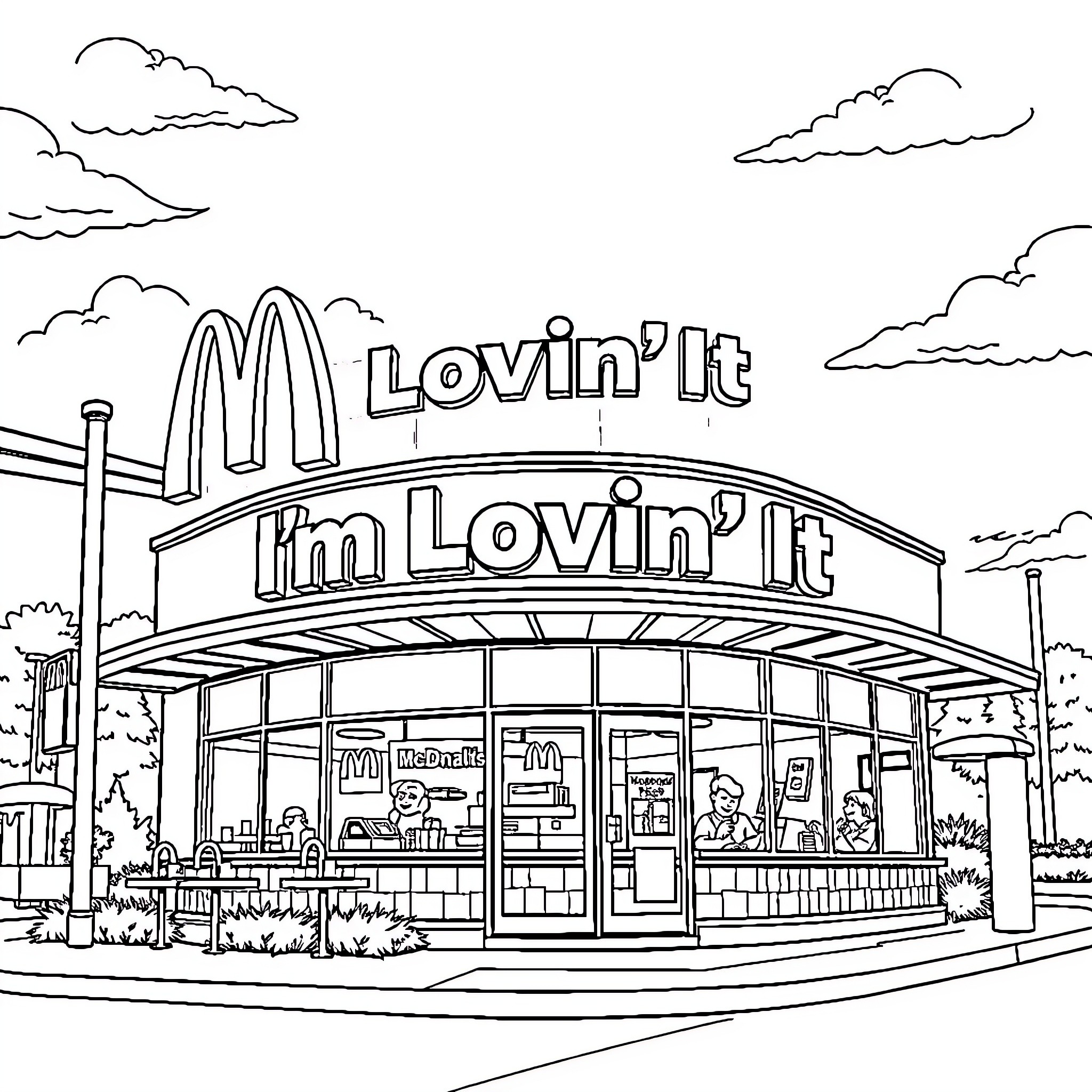 McDonald's employees enjoying their work day Coloring Page (free black-and-white line drawing printable PDF for all, from beginners to advanced learners, including children, teens, adults, and seniors)