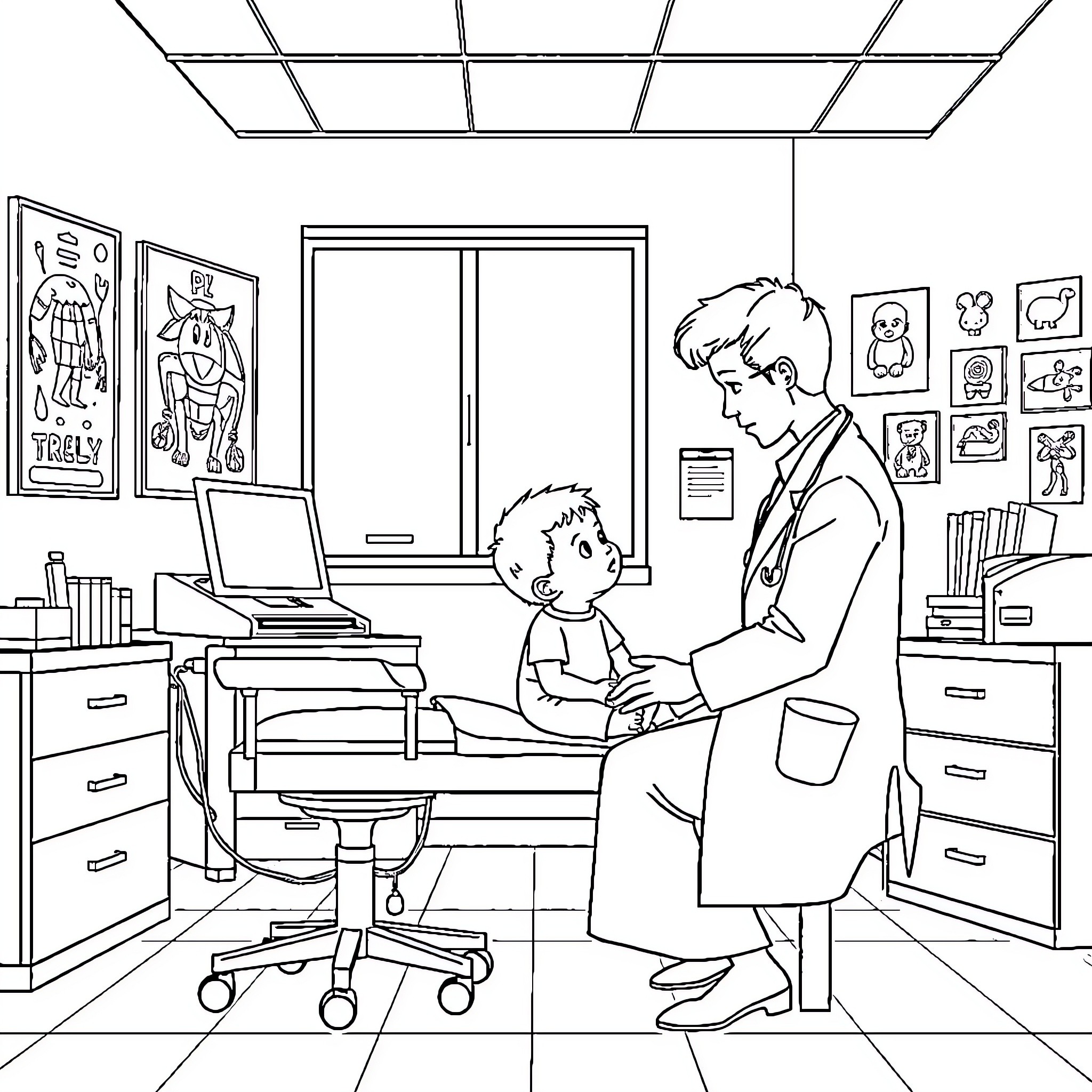 Pediatrician examining young patient in clinic Coloring Page (free black-and-white line drawing printable PDF for all, from beginners to advanced learners, including children, teens, adults, and seniors)