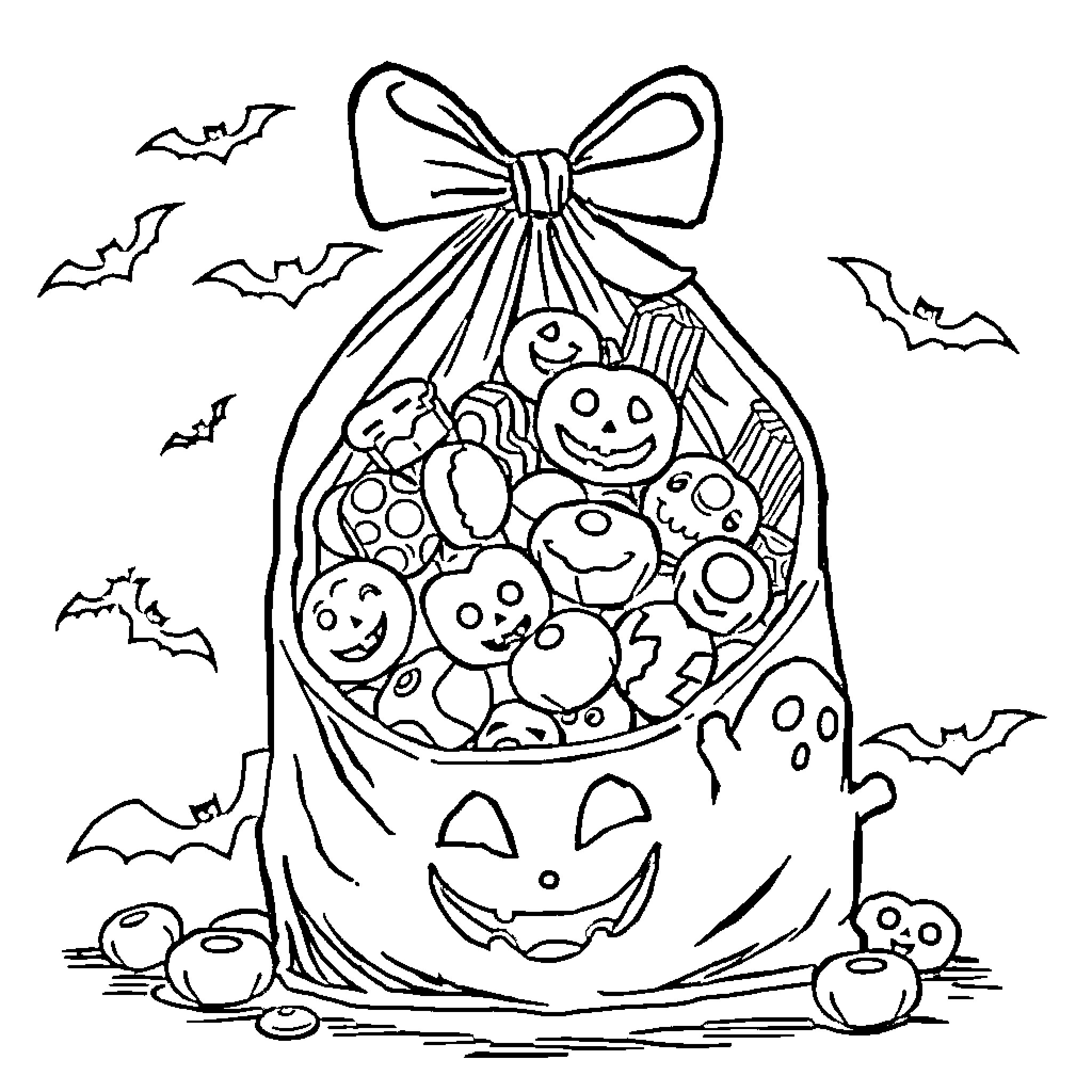 Halloween Candy Assortment in Trick-or-Treat Bag Coloring Page (free black-and-white line drawing printable PDF for all, from beginners to advanced learners, including children, teens, adults, and seniors)