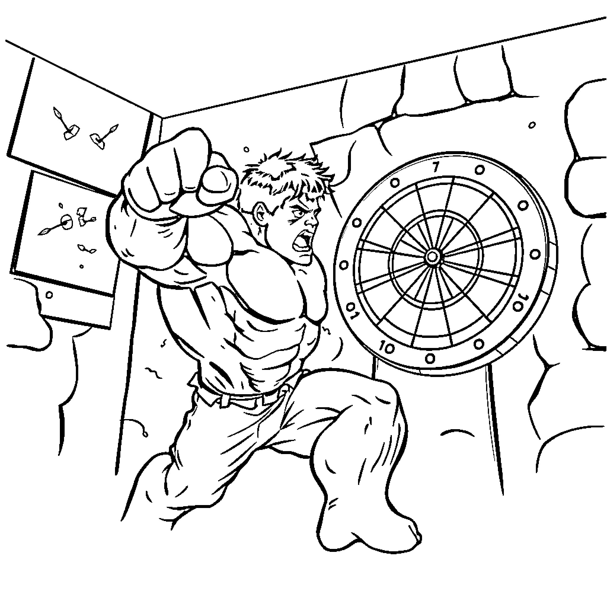 Hulk Smashing Through the Walls Coloring Page (free black-and-white line drawing printable PDF for all, from beginners to advanced learners, including children, teens, adults, and seniors)