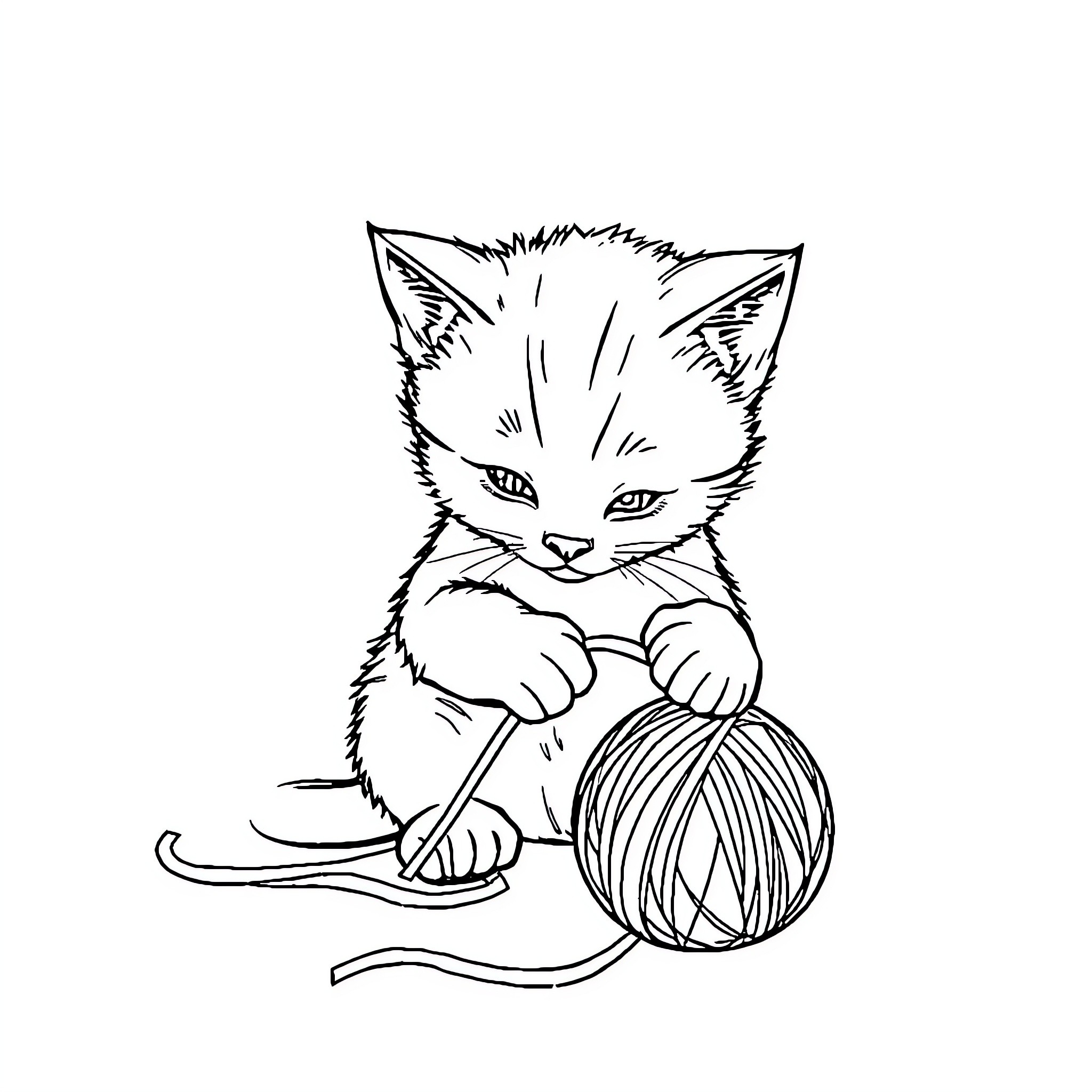 Cat playing with yarn Coloring Page (free black-and-white line drawing printable PDF for all, from beginners to advanced learners, including children, teens, adults, and seniors)