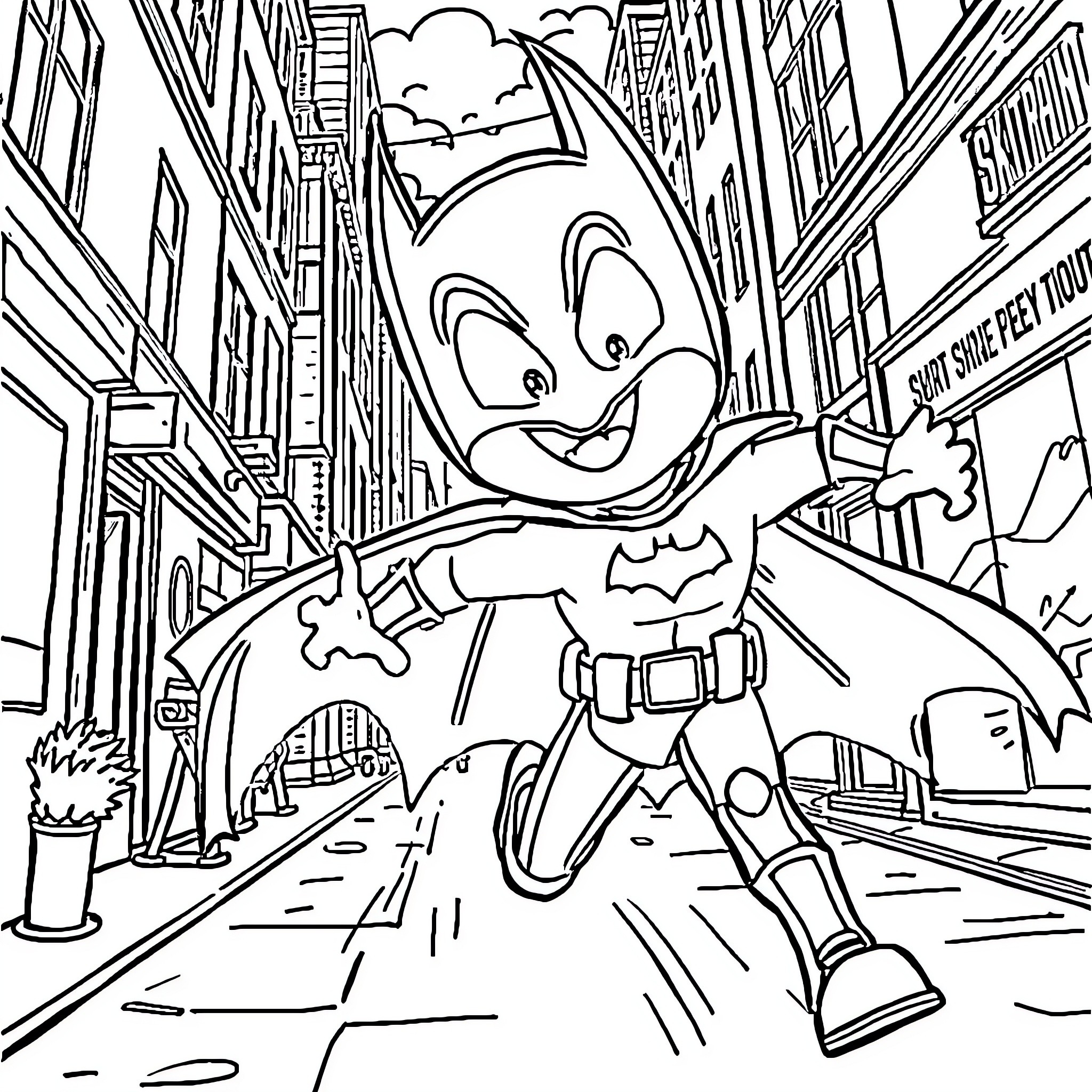 Skibidi Superhero in the City Streets Coloring Page (free black-and-white line drawing printable PDF for all, from beginners to advanced learners, including children, teens, adults, and seniors)