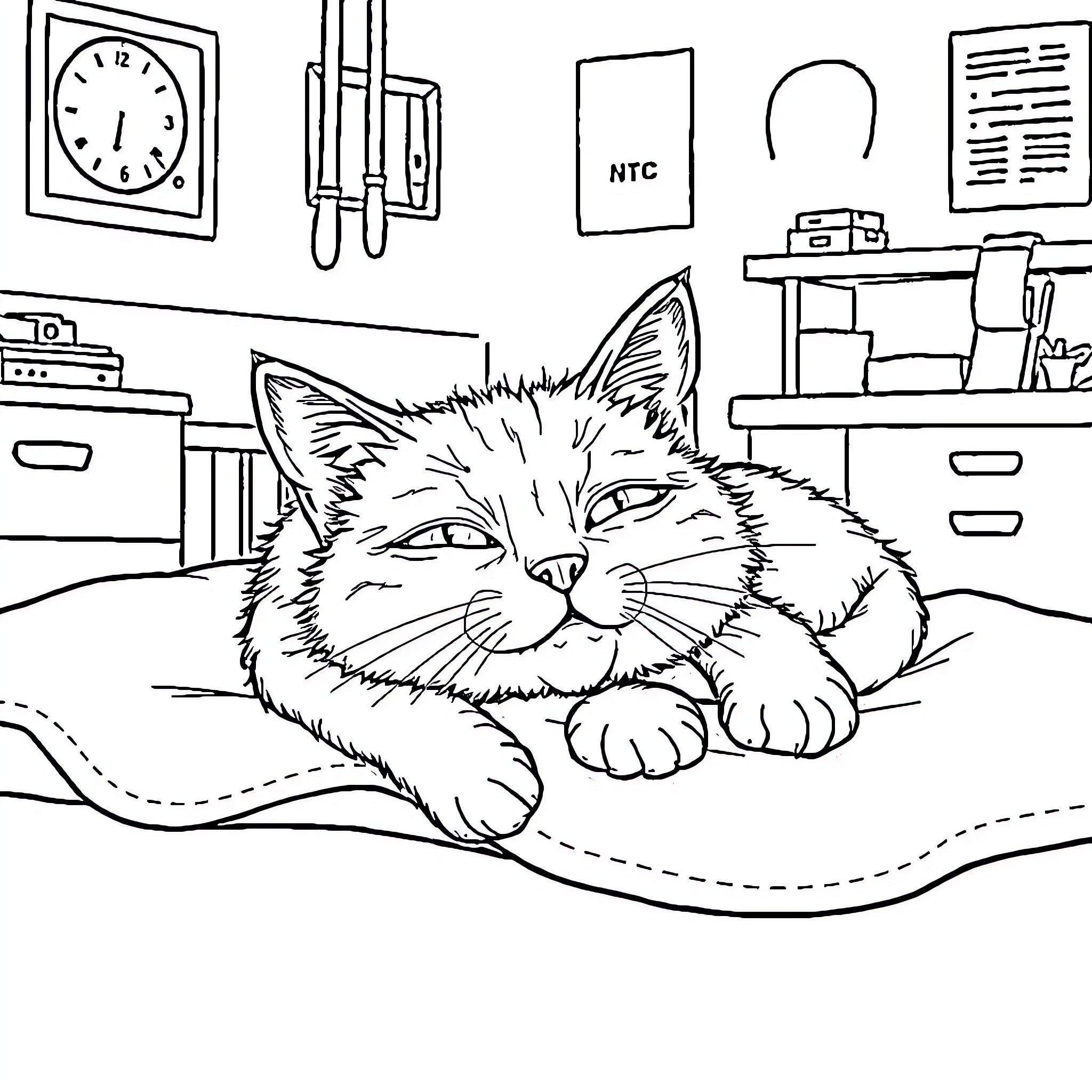 Cat napping peacefully in the office Coloring Page (free black-and-white line drawing printable PDF for all, from beginners to advanced learners, including children, teens, adults, and seniors)