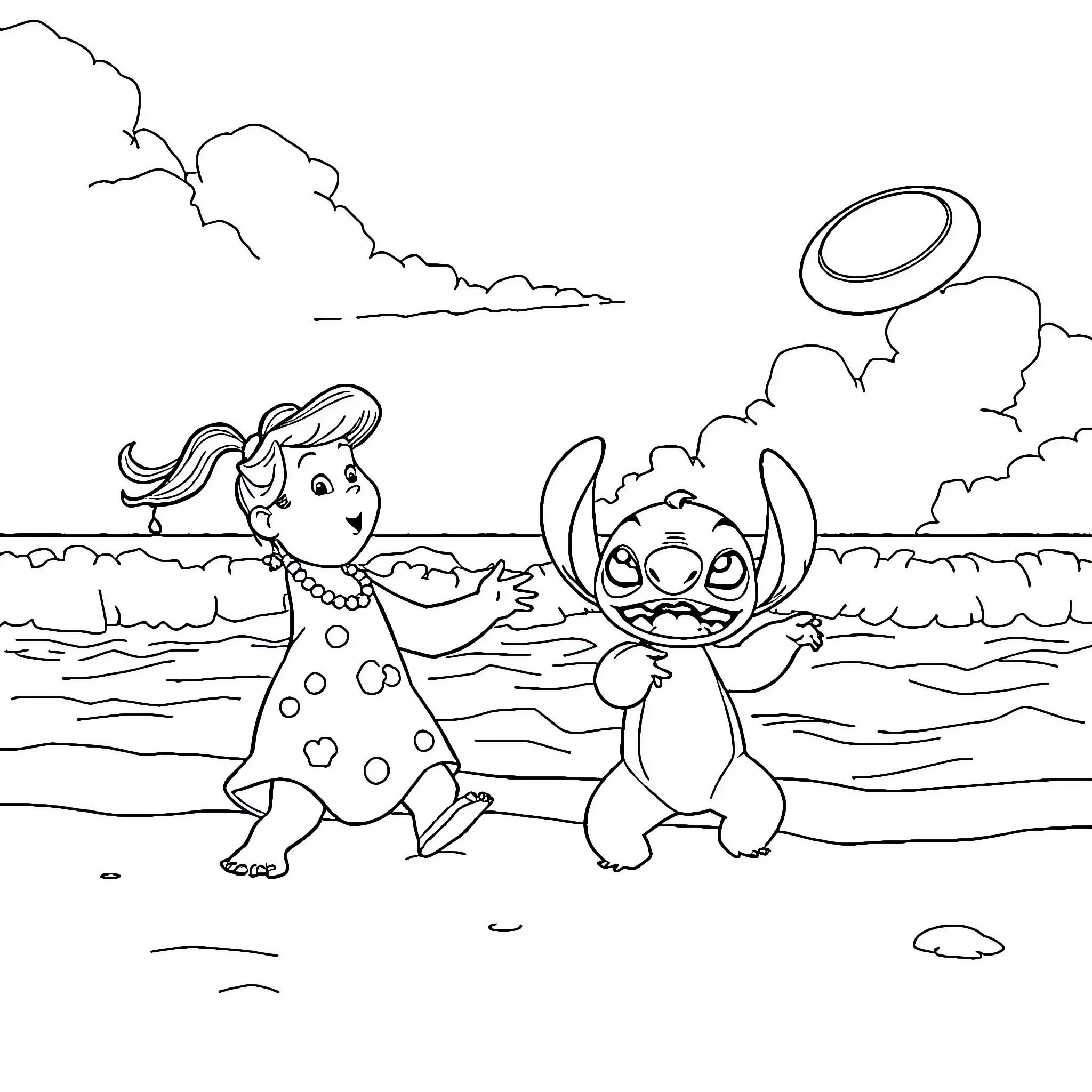 Lilo and Stitch playing on the beach Coloring Page (free black-and-white line drawing printable PDF for all, from beginners to advanced learners, including children, teens, adults, and seniors)