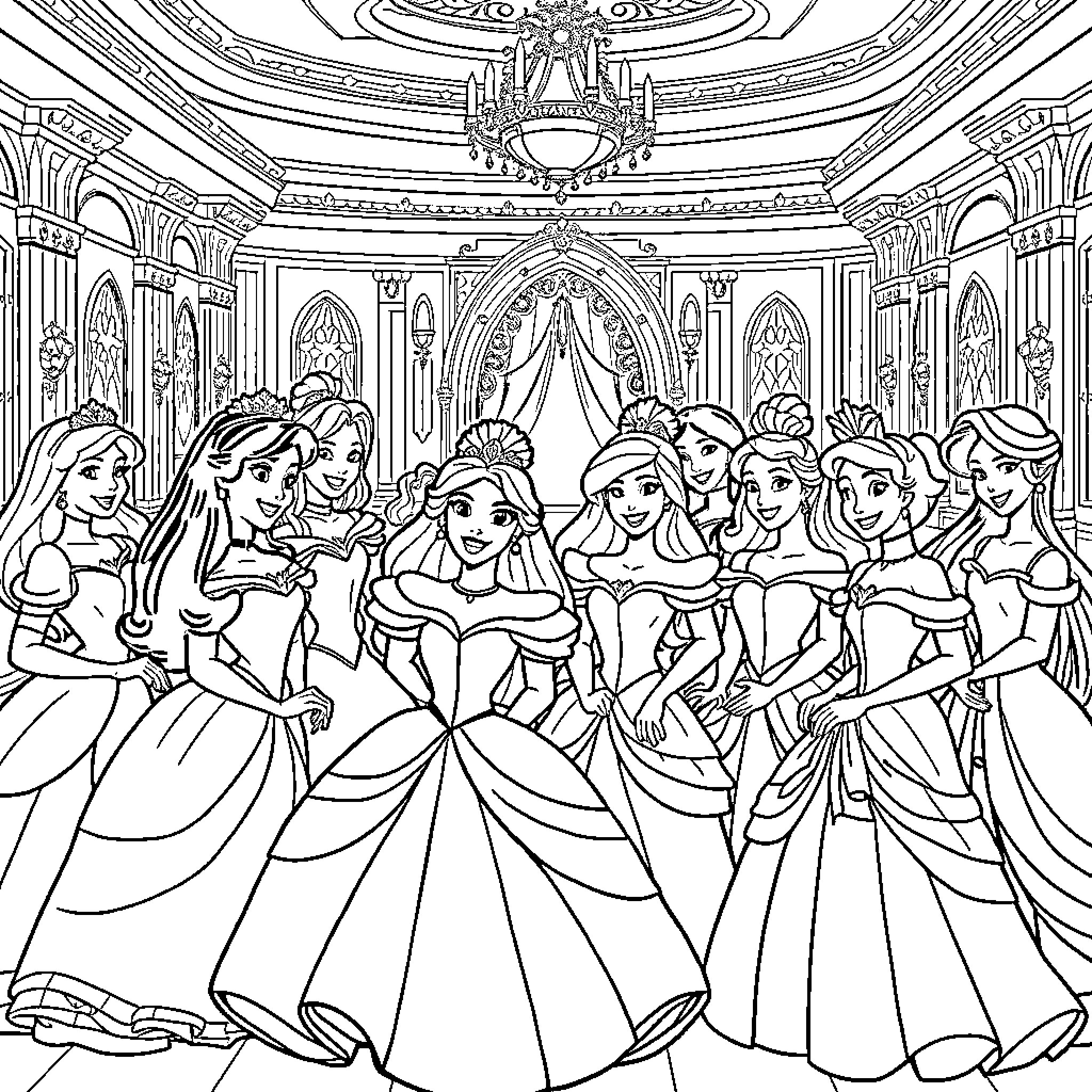 Disney Princess Formal Ball Celebration Coloring Page (free black-and-white line drawing printable PDF for all, from beginners to advanced learners, including children, teens, adults, and seniors)