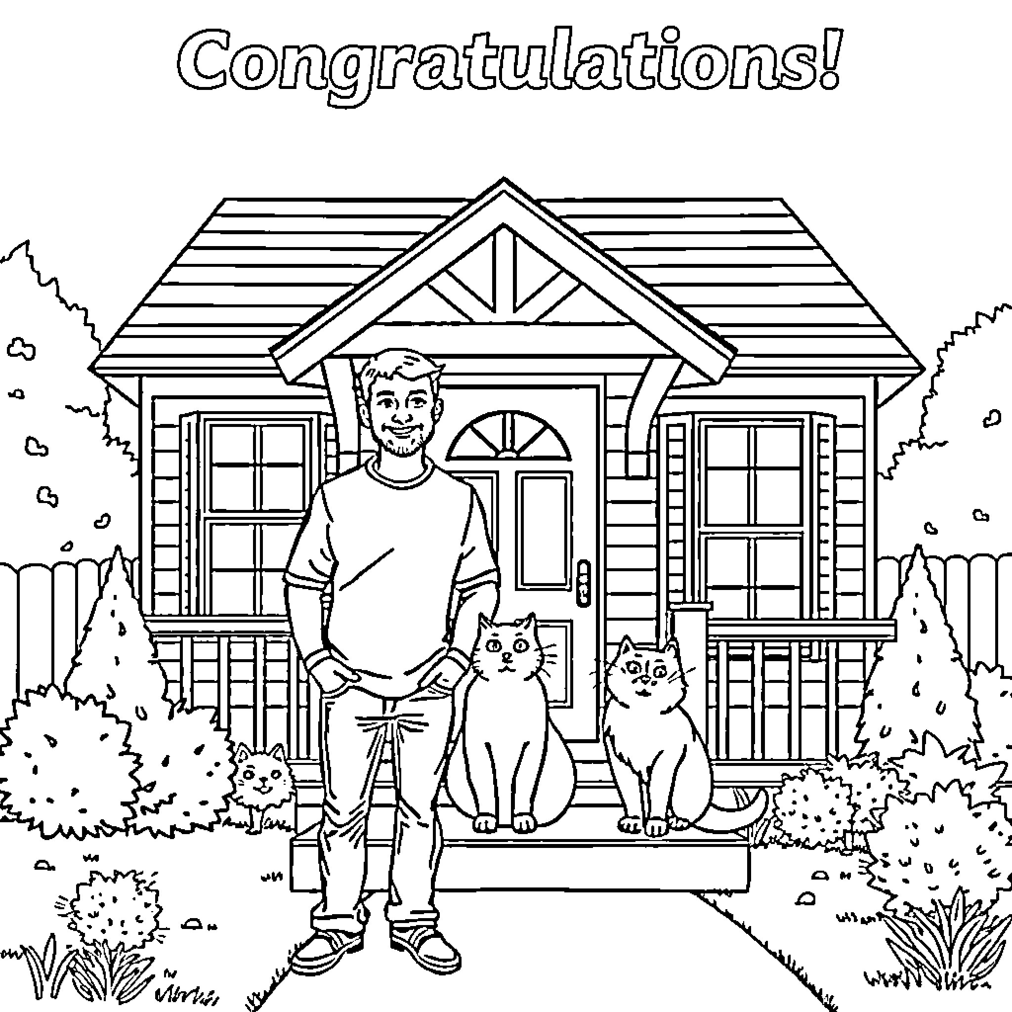 Cat owners celebrating new home with pets Coloring Page (free black-and-white line drawing printable PDF for all, from beginners to advanced learners, including children, teens, adults, and seniors)