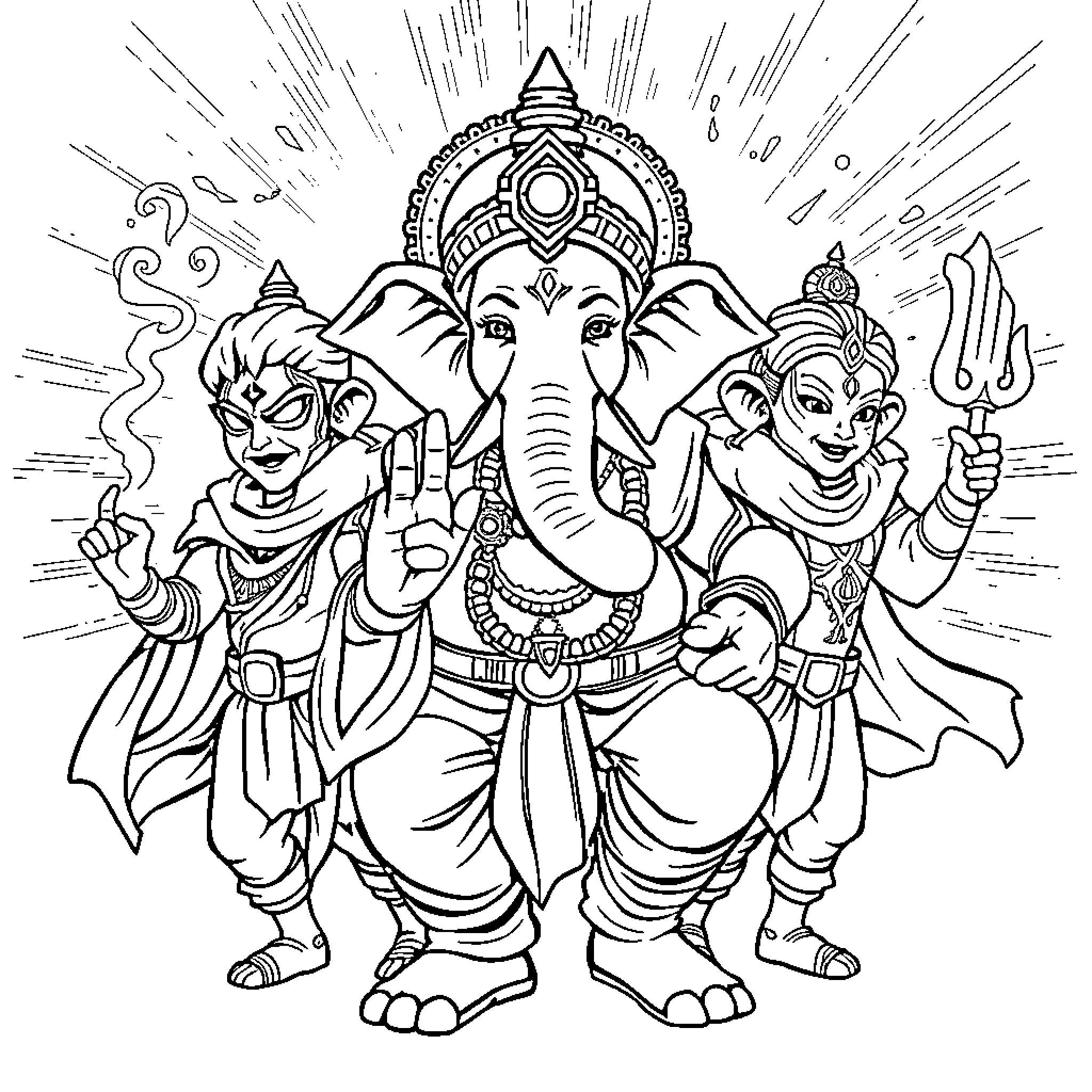 Superhero Deities in Mythological Garb Coloring Page (free black-and-white line drawing printable PDF for all, from beginners to advanced learners, including children, teens, adults, and seniors)
