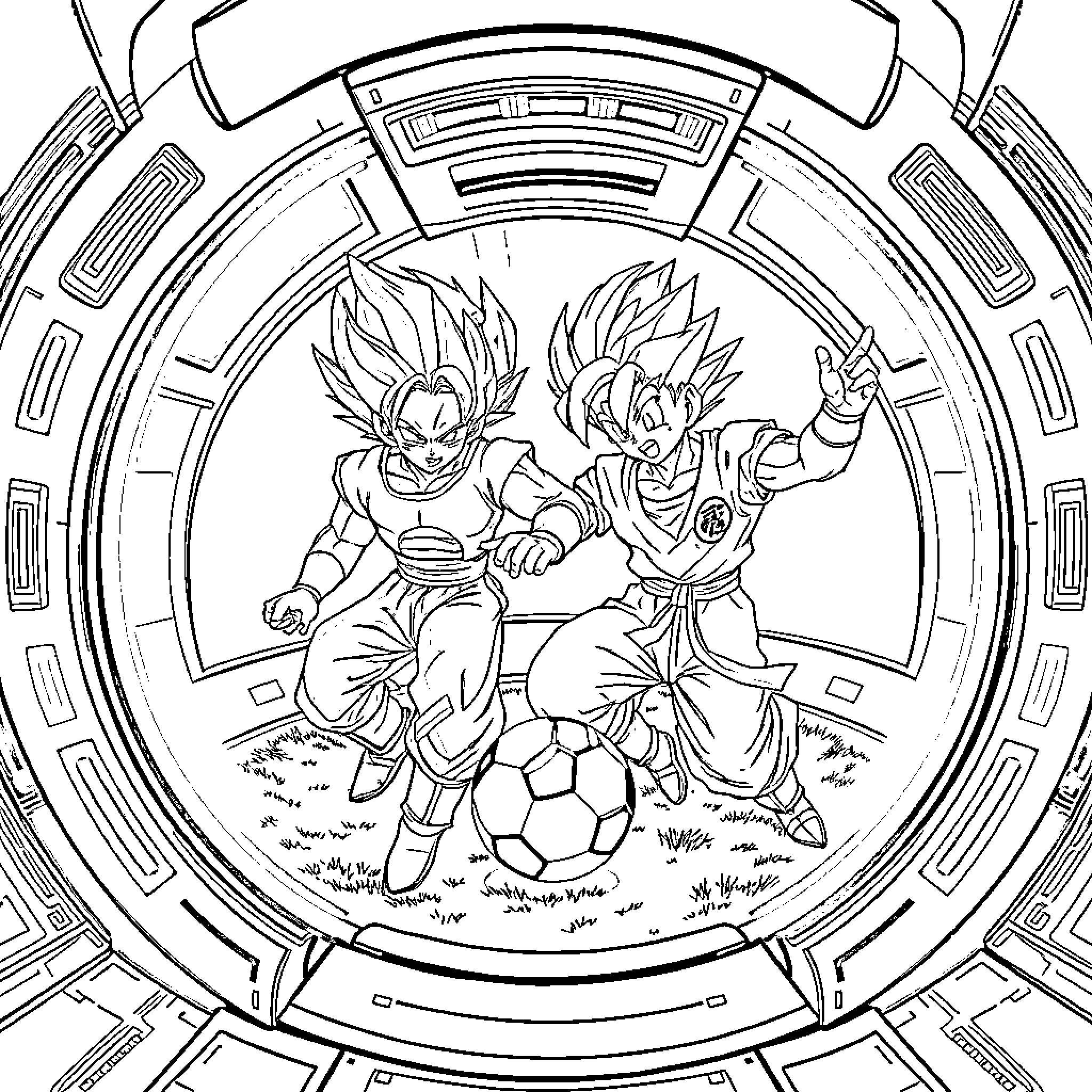 Vegeta and Goku in Fierce Battle Coloring Page (free black-and-white line drawing printable PDF for all, from beginners to advanced learners, including children, teens, adults, and seniors)