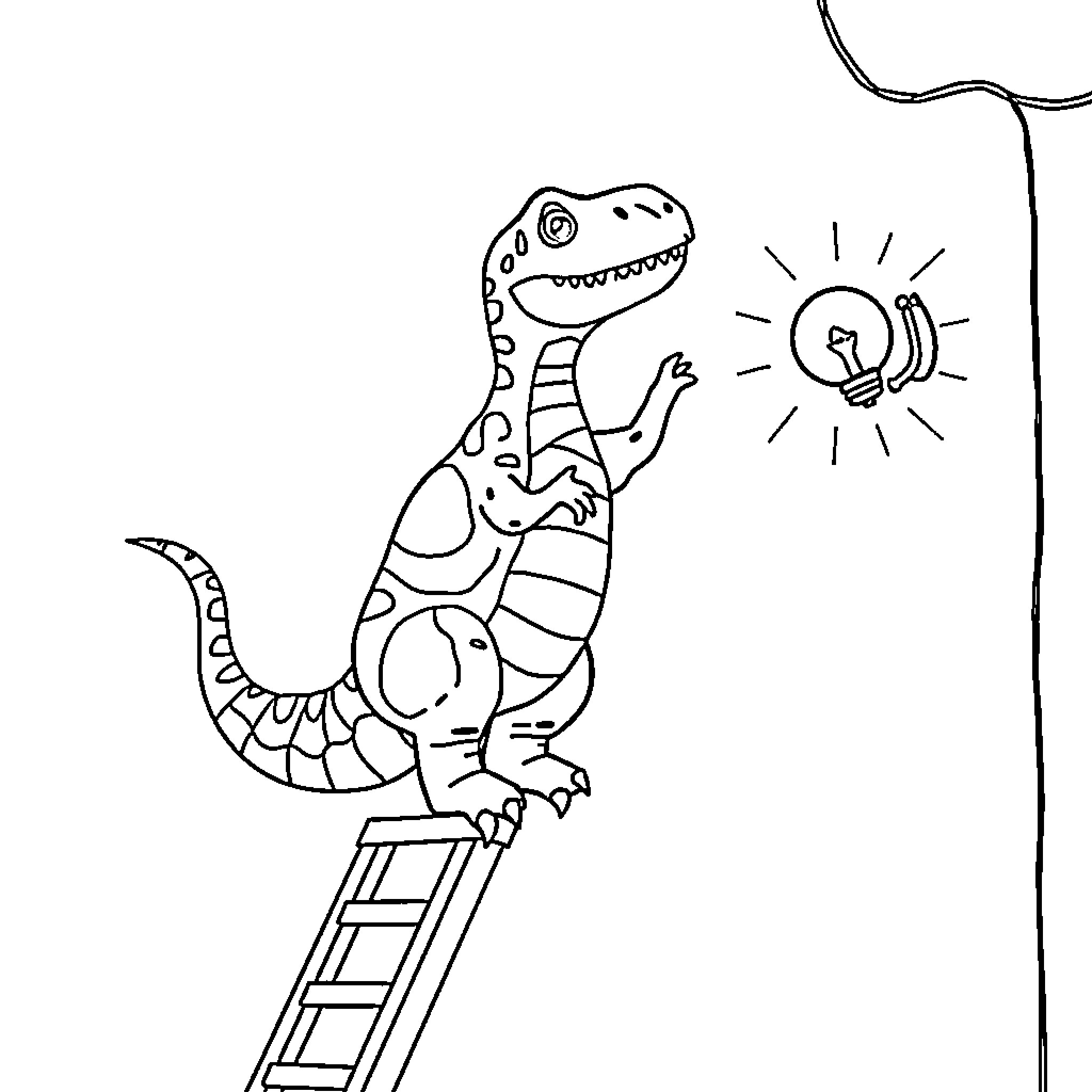Dinosaur reaching for light bulb on ladder Coloring Page (free black-and-white line drawing printable PDF for all, from beginners to advanced learners, including children, teens, adults, and seniors)