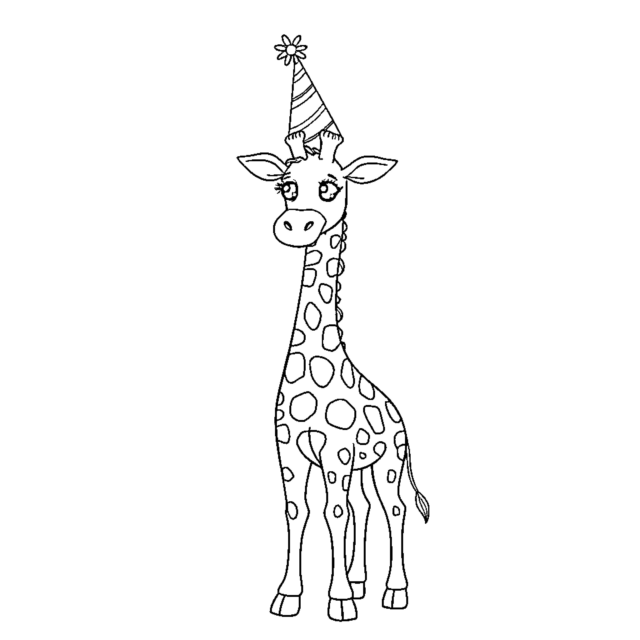 Giraffe wearing a party hat and smiling Coloring Page (free black-and-white line drawing printable PDF for all, from beginners to advanced learners, including children, teens, adults, and seniors)