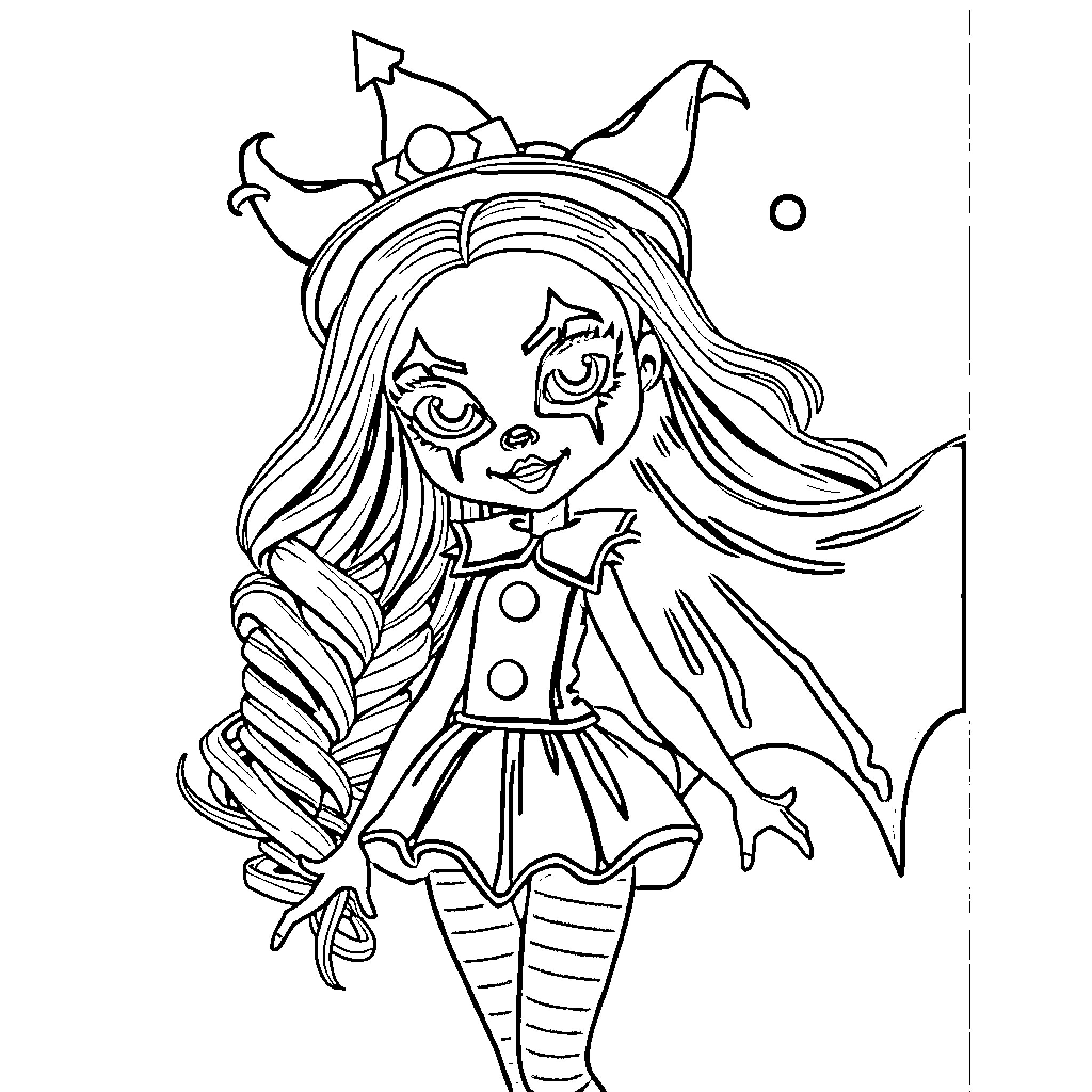 Bratz Doll in Whimsical Outfit and Accessories Coloring Page (free black-and-white line drawing printable PDF for all, from beginners to advanced learners, including children, teens, adults, and seniors)