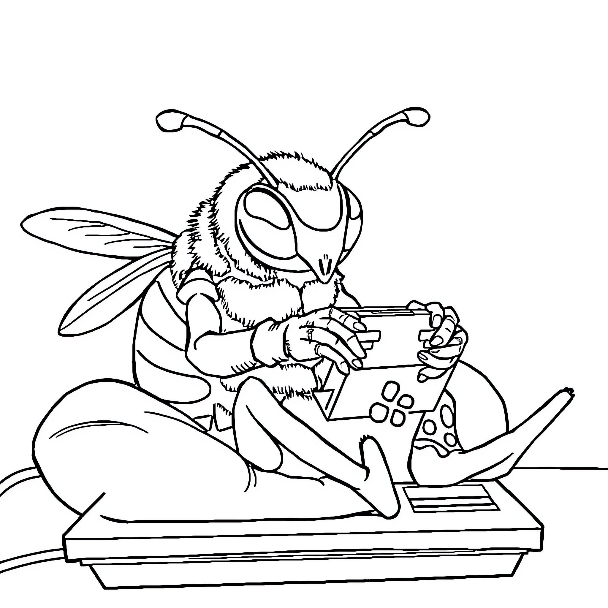 Hornet gaming on a computer Coloring Page (free black-and-white line drawing printable PDF for all, from beginners to advanced learners, including children, teens, adults, and seniors)
