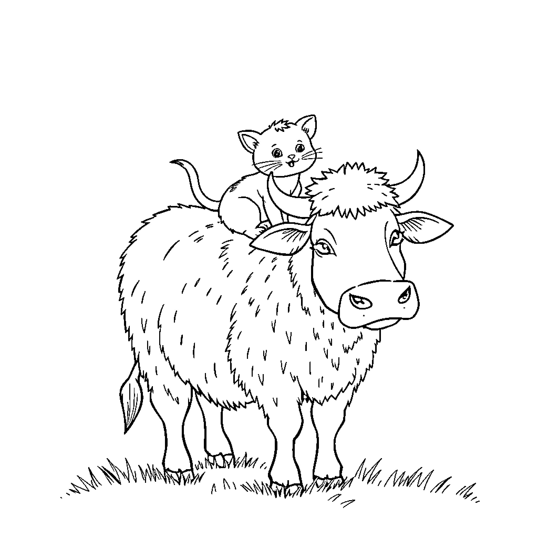 Cat riding on a cow in the countryside Coloring Page (free black-and-white line drawing printable PDF for all, from beginners to advanced learners, including children, teens, adults, and seniors)