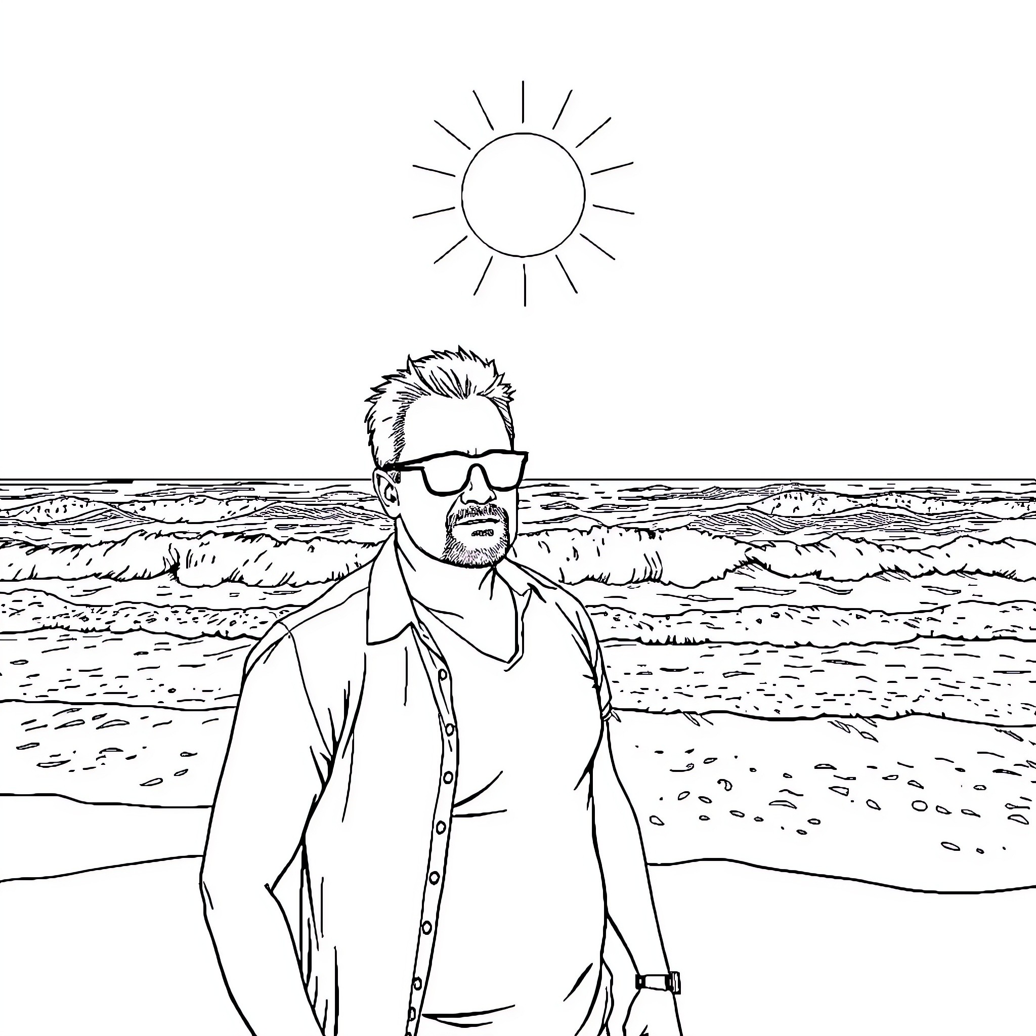 Till Lindemann standing on the beach Coloring Page (free black-and-white line drawing printable PDF for all, from beginners to advanced learners, including children, teens, adults, and seniors)