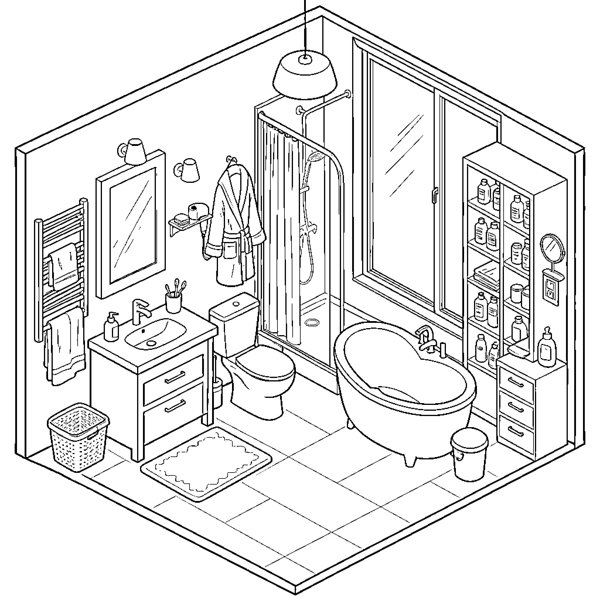 Bathroom scene containing various toiletries and fixtures Coloring Page (free black-and-white line drawing printable PDF for all, from beginners to advanced learners, including children, teens, adults, and seniors)