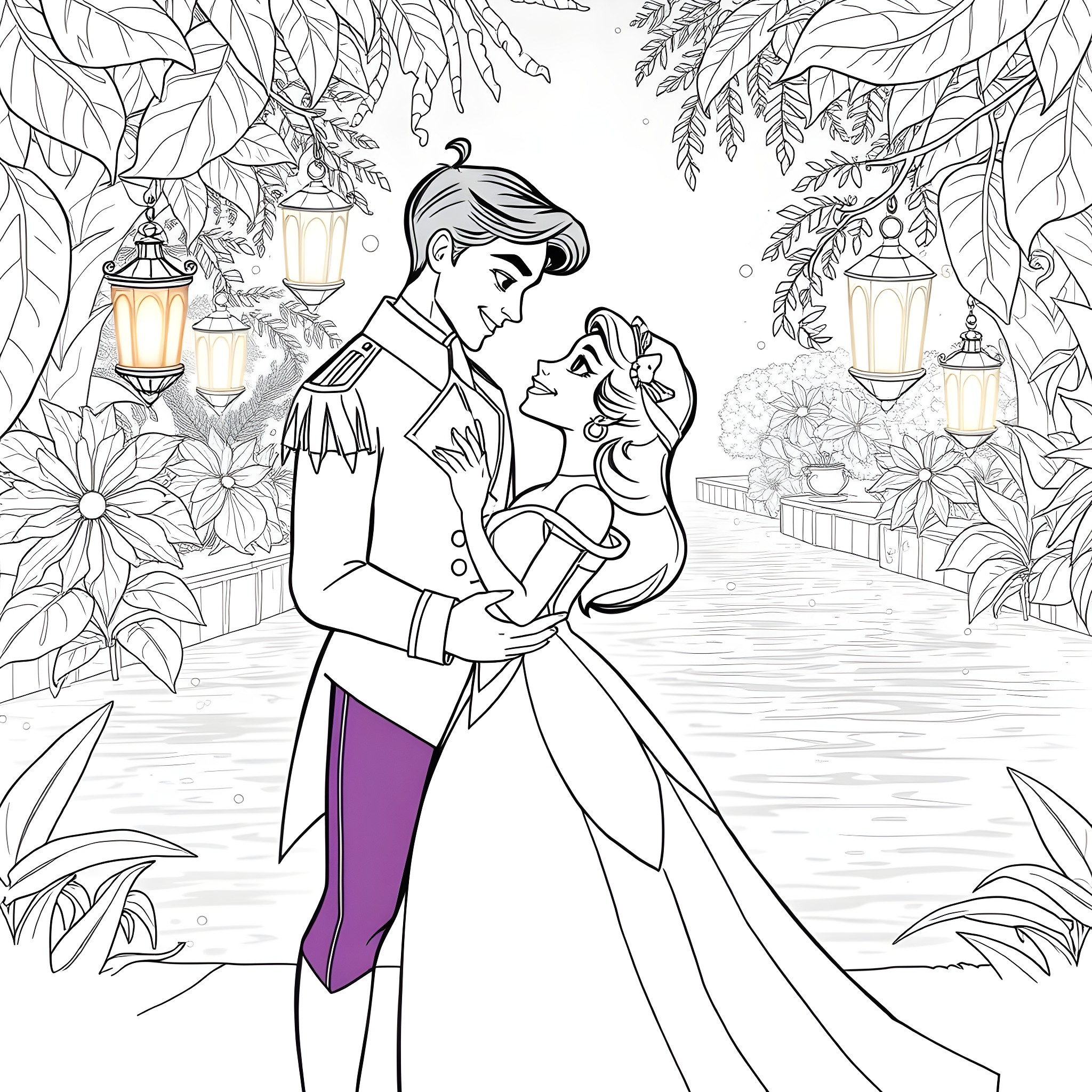 Tiana and Prince Naveen in a magical garden Coloring Page (free black-and-white line drawing printable PDF for all, from beginners to advanced learners, including children, teens, adults, and seniors)
