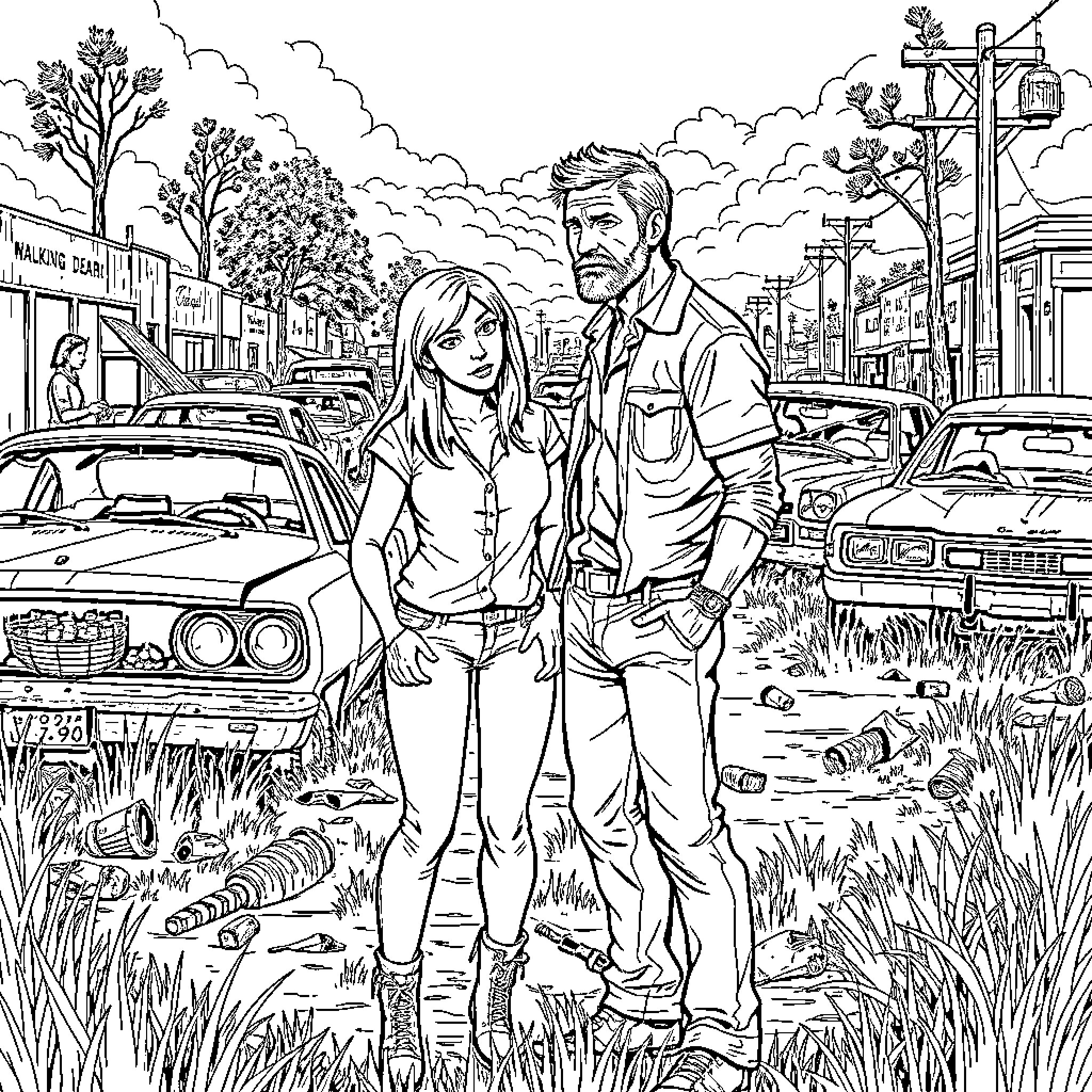 Maggie and her companion explore the urban landscape Coloring Page (free black-and-white line drawing printable PDF for all, from beginners to advanced learners, including children, teens, adults, and seniors)
