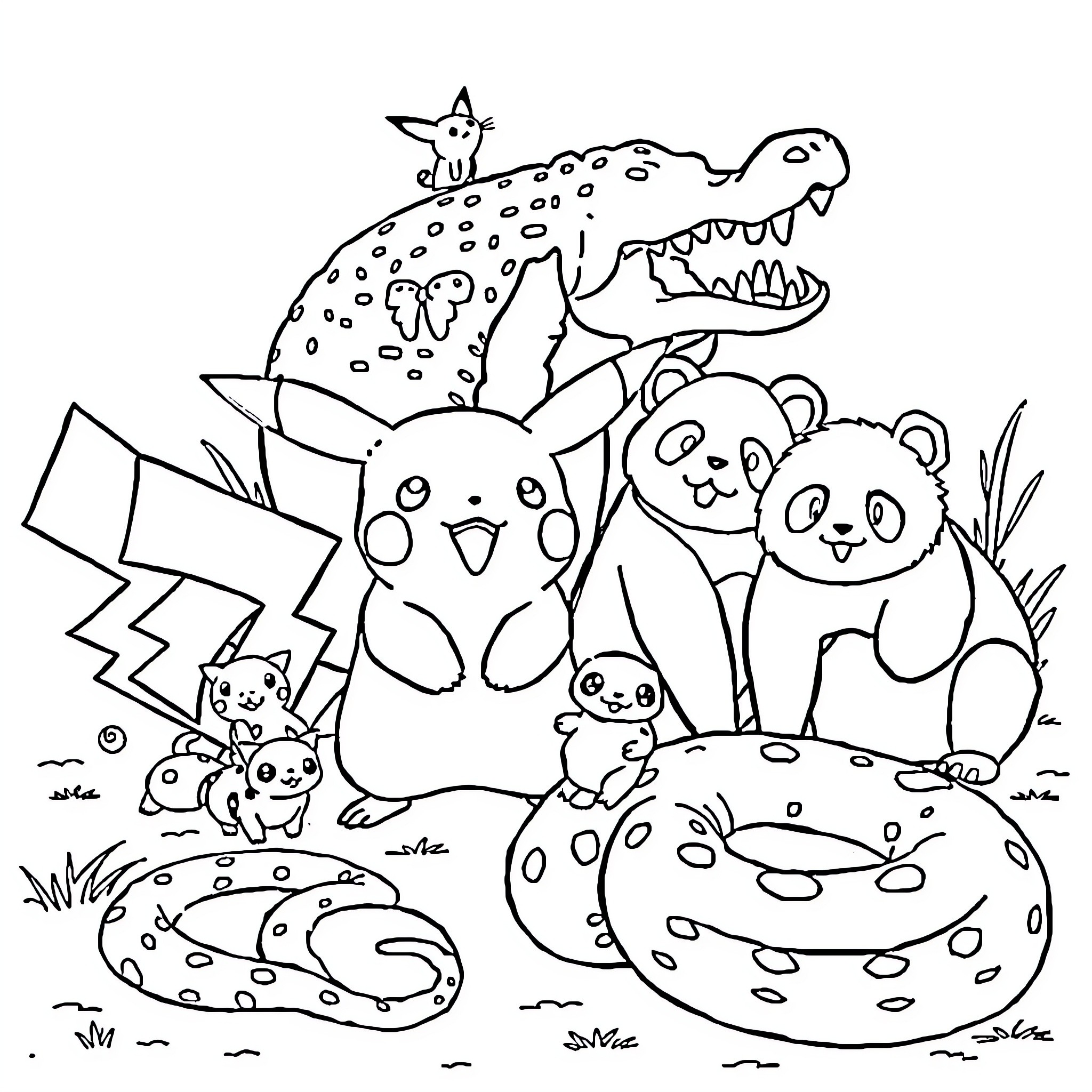Animal characters playfully interacting in nature Coloring Page (free black-and-white line drawing printable PDF for all, from beginners to advanced learners, including children, teens, adults, and seniors)