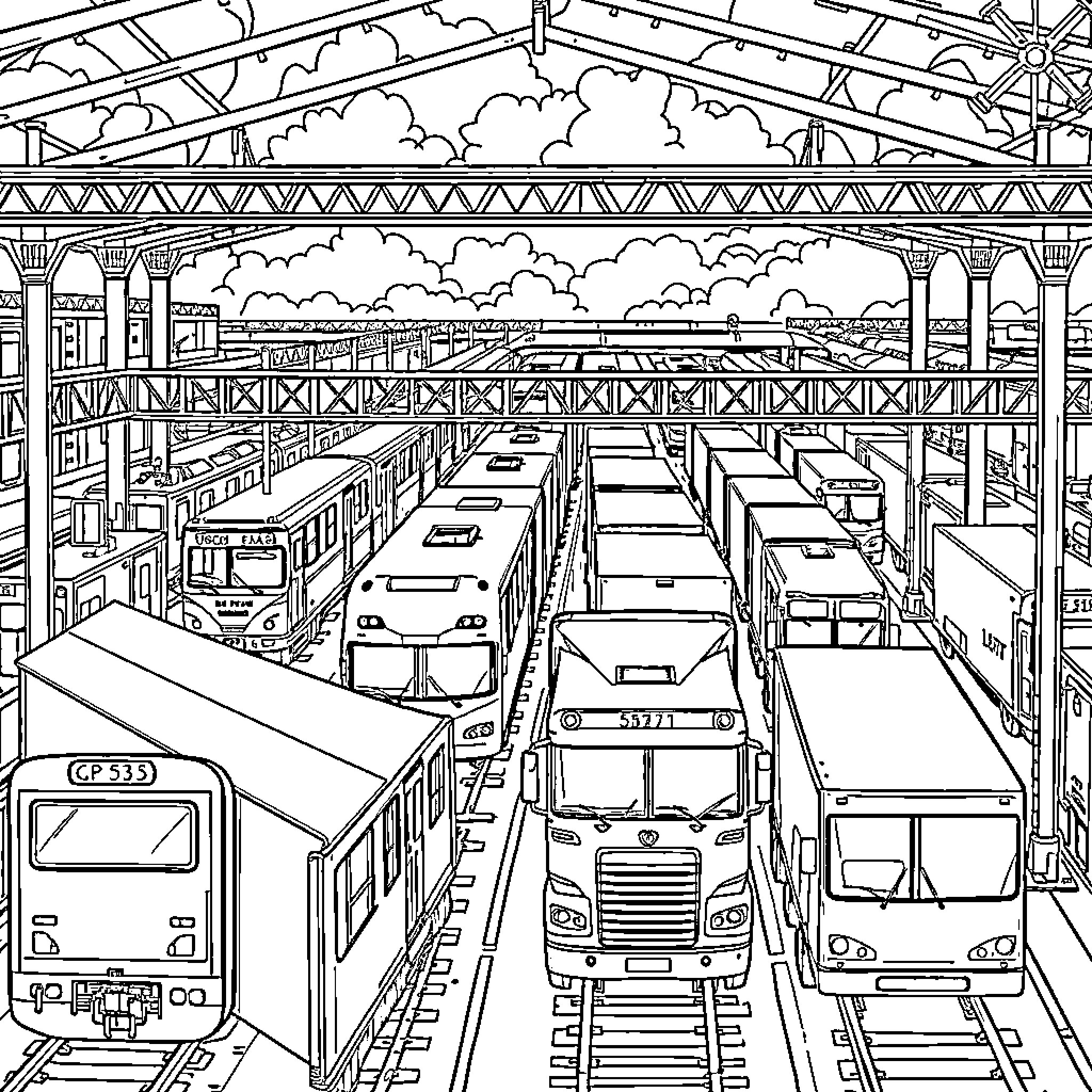 Intermodal Hub with Various Transportation Vehicles Coloring Page (free black-and-white line drawing printable PDF for all, from beginners to advanced learners, including children, teens, adults, and seniors)