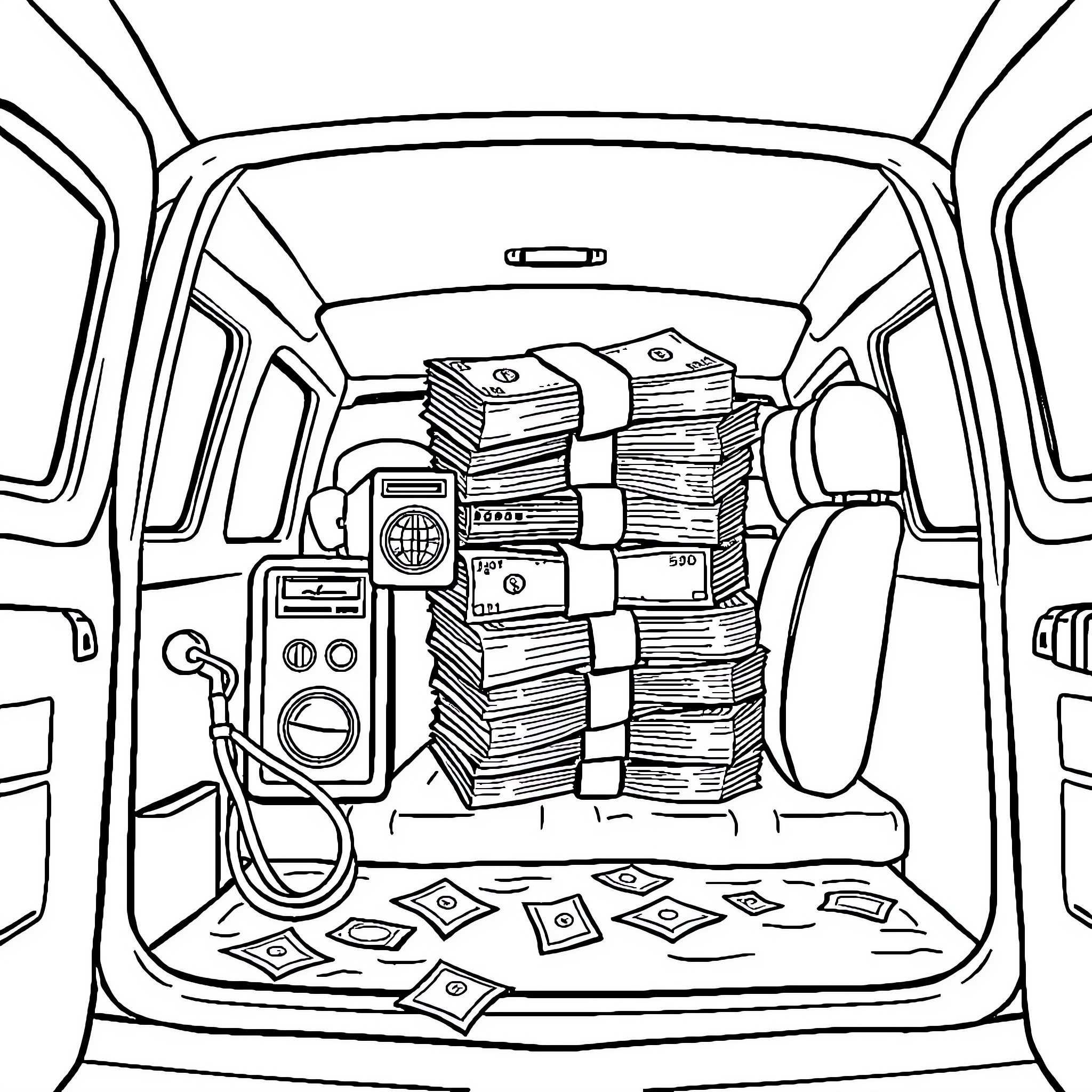 Money-Filled Van with Stacks of Cash Coloring Page (free black-and-white line drawing printable PDF for all, from beginners to advanced learners, including children, teens, adults, and seniors)