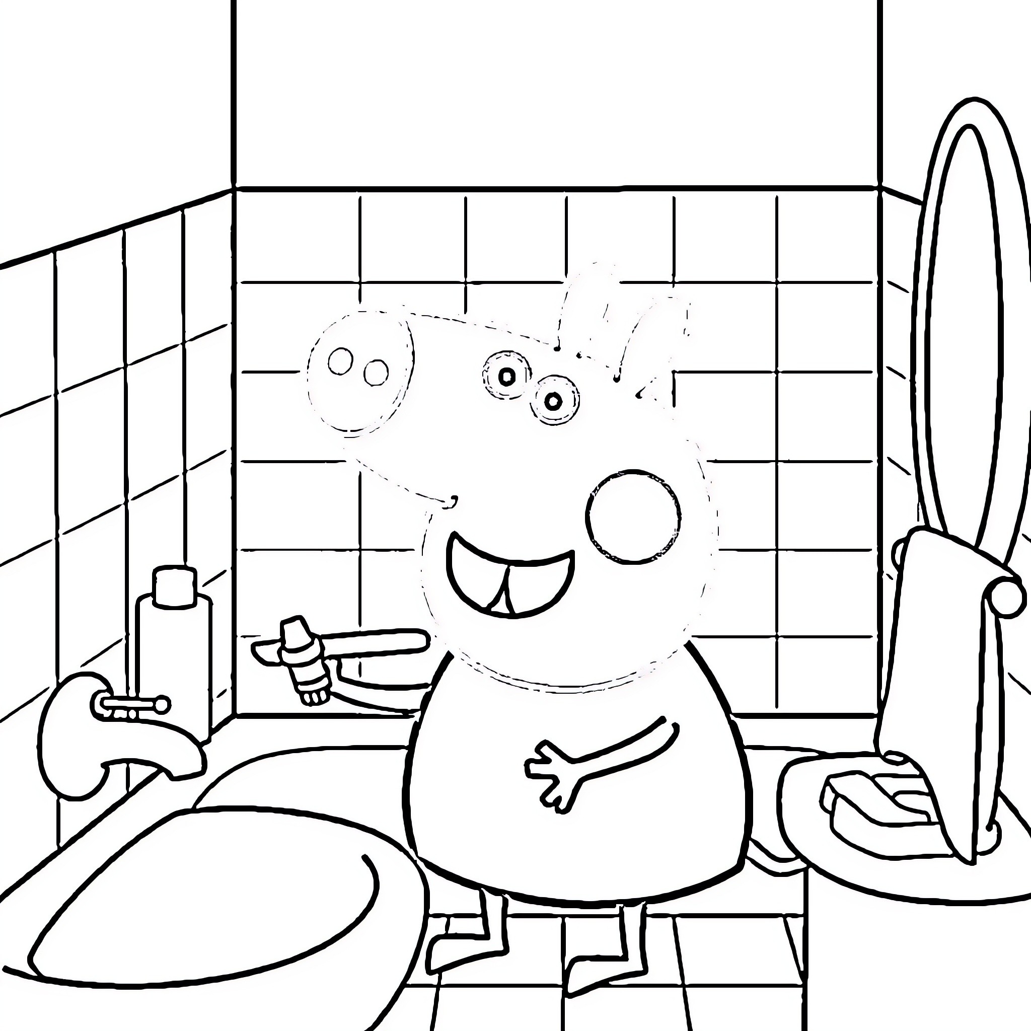 Peppa Pig exploring the bathroom with funny expressions Coloring Page (free black-and-white line drawing printable PDF for all, from beginners to advanced learners, including children, teens, adults, and seniors)