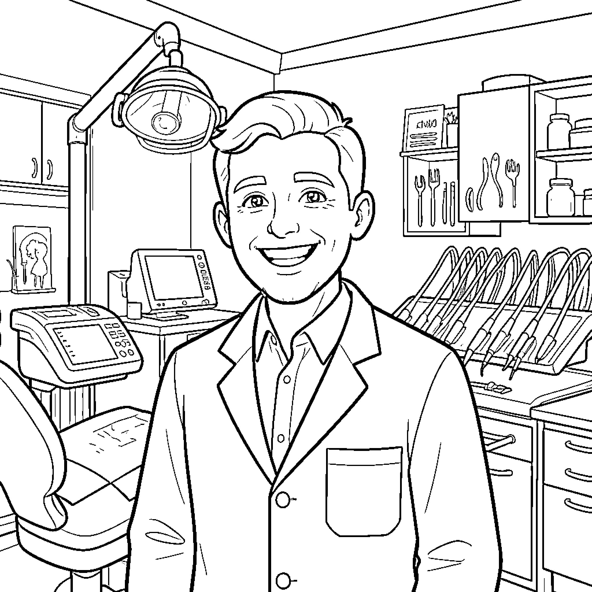 Dentist in a Cheerful Office Setting Coloring Page (free black-and-white line drawing printable PDF for all, from beginners to advanced learners, including children, teens, adults, and seniors)