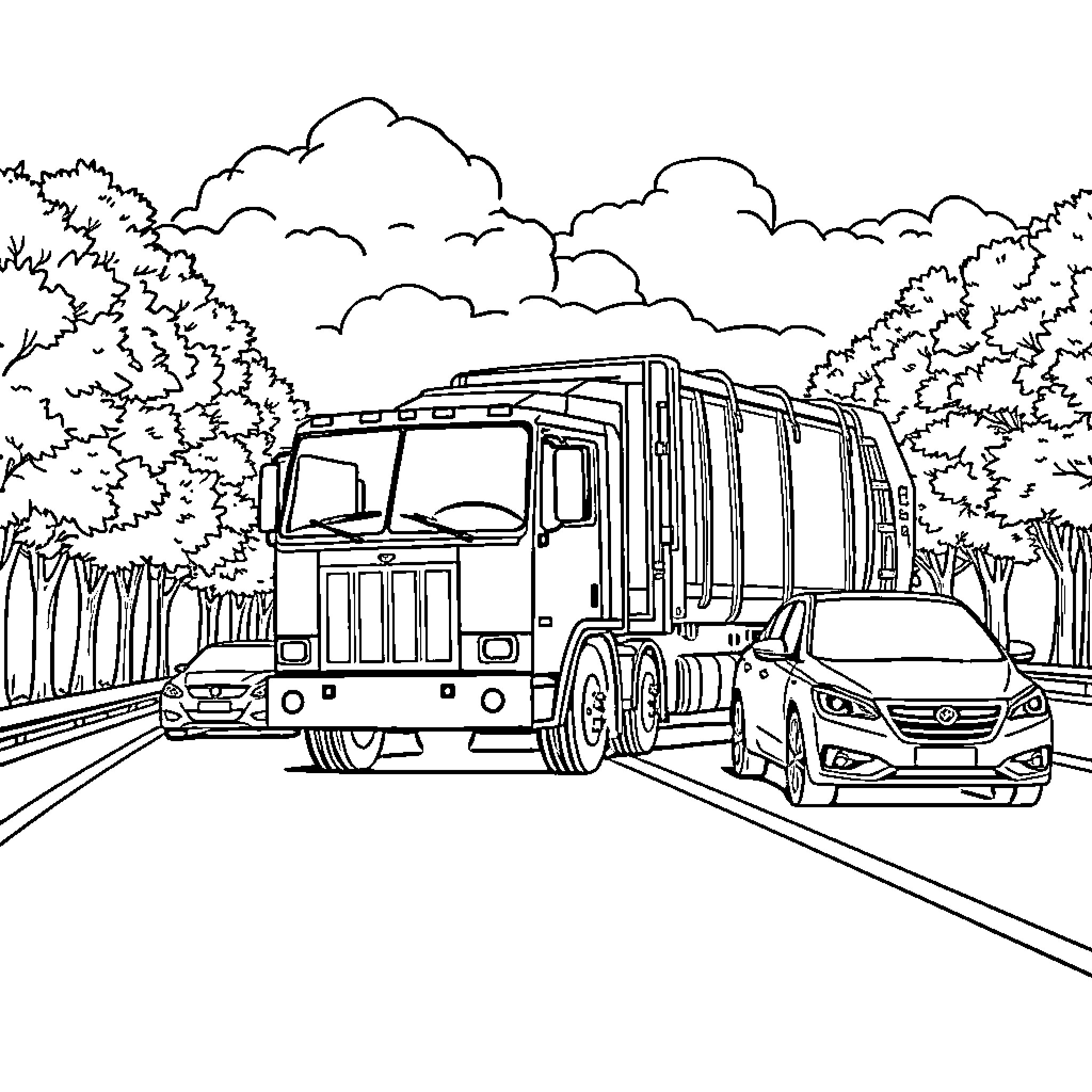 Garbage Truck Collecting Waste on a Suburban Road Coloring Page (free black-and-white line drawing printable PDF for all, from beginners to advanced learners, including children, teens, adults, and seniors)