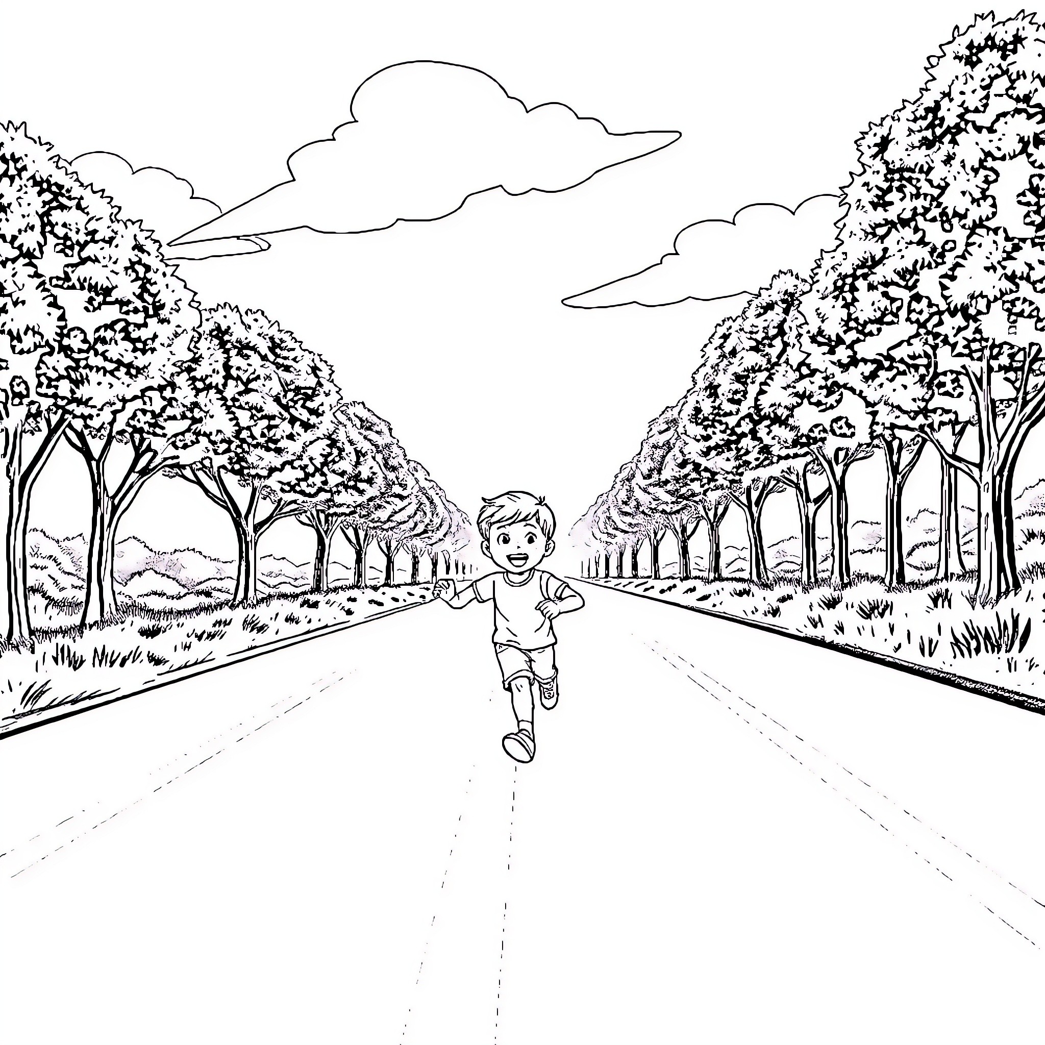 Boy running happily on the path through trees Coloring Page (free black-and-white line drawing printable PDF for all, from beginners to advanced learners, including children, teens, adults, and seniors)