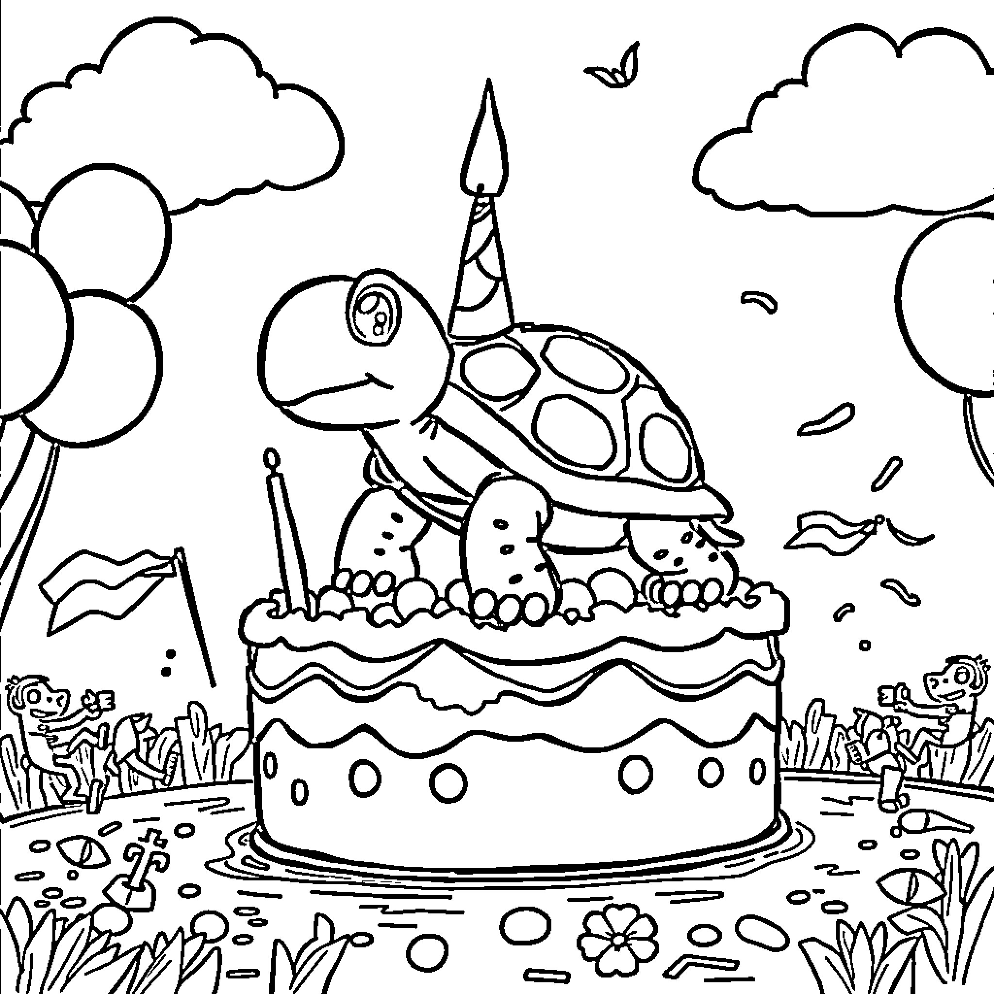 Turtle celebrating birthday party in nature Coloring Page (free black-and-white line drawing printable PDF for all, from beginners to advanced learners, including children, teens, adults, and seniors)