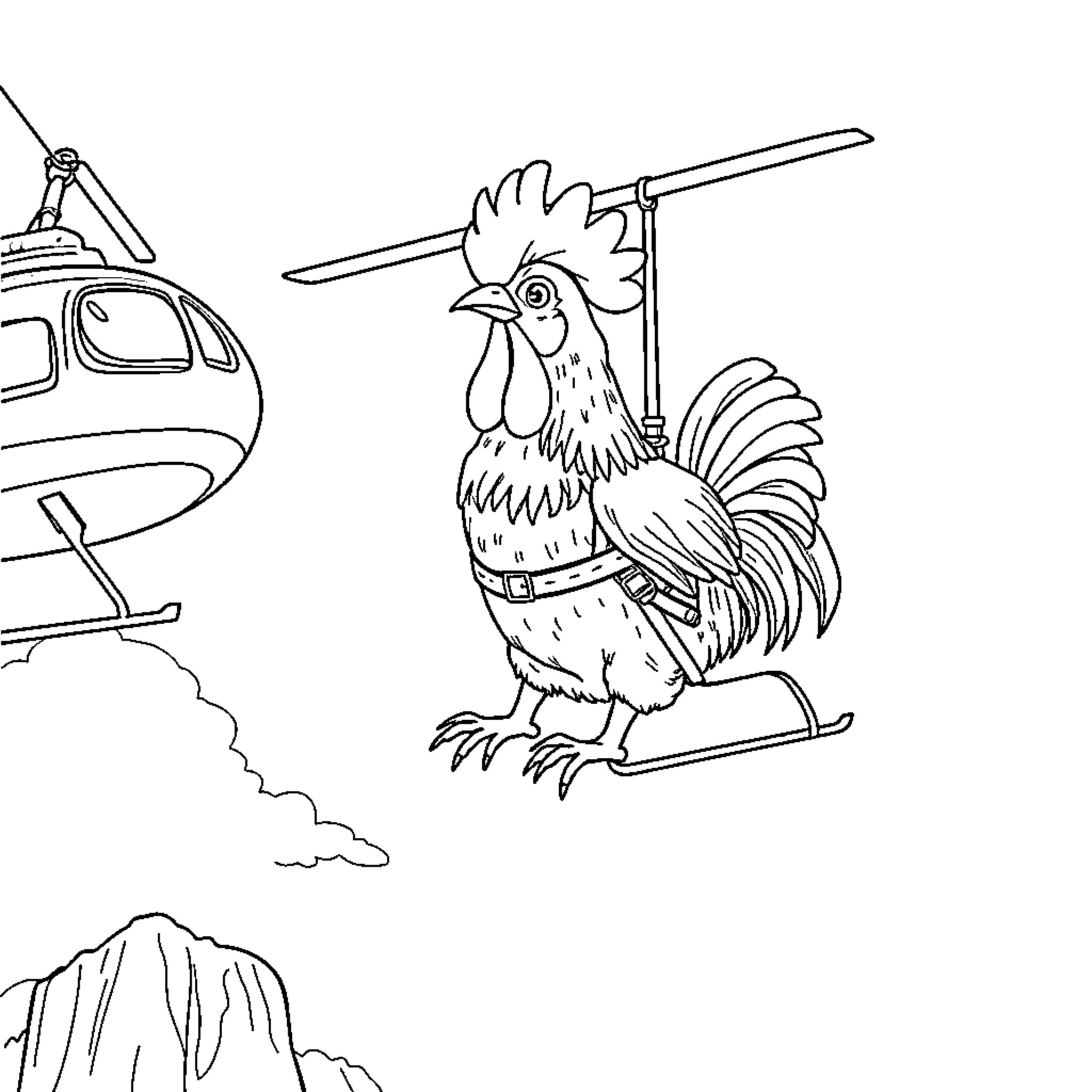 Chicken riding helicopter in the sky Coloring Page (free black-and-white line drawing printable PDF for all, from beginners to advanced learners, including children, teens, adults, and seniors)