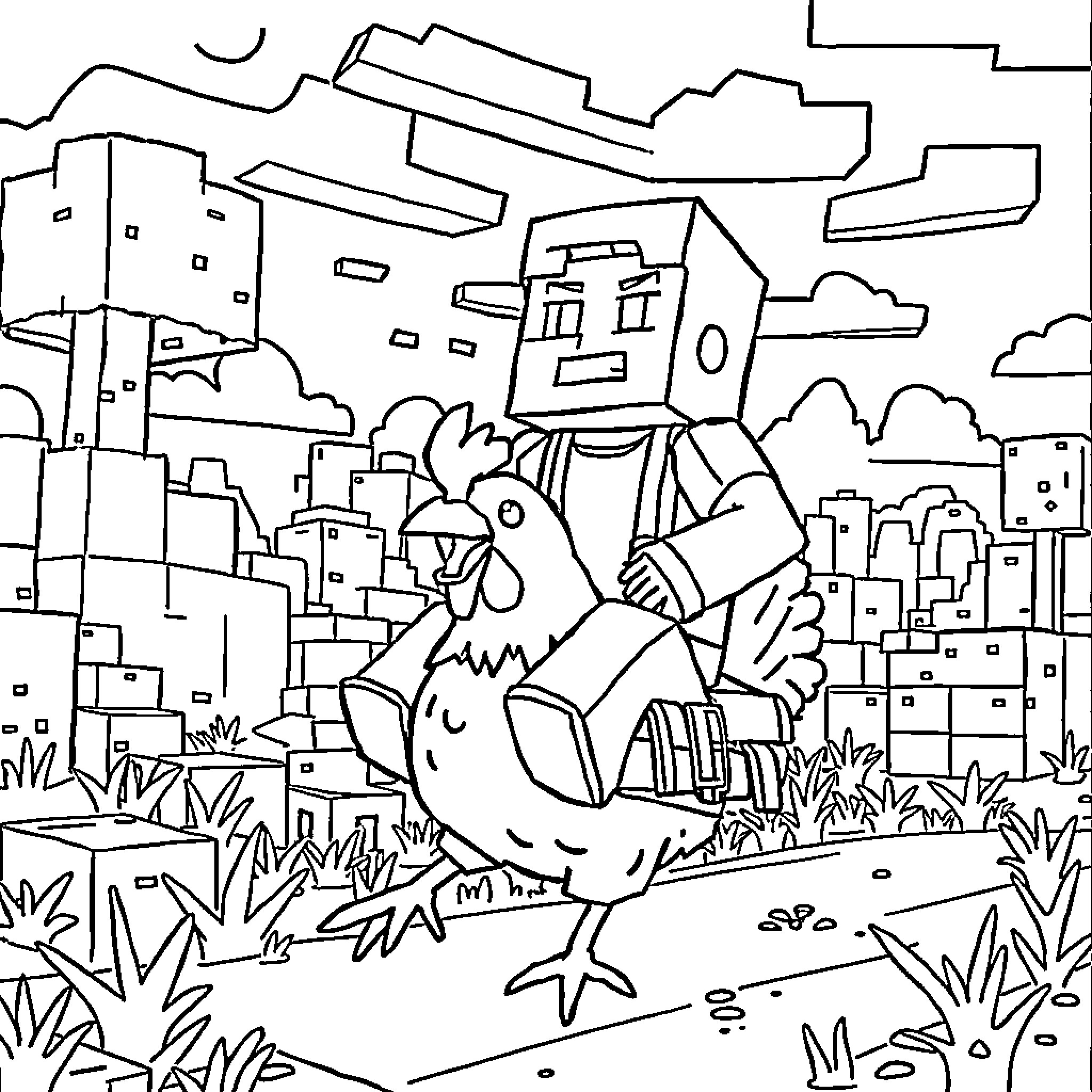 Steve's day out in the city with a lively chicken Coloring Page (free black-and-white line drawing printable PDF for all, from beginners to advanced learners, including children, teens, adults, and seniors)