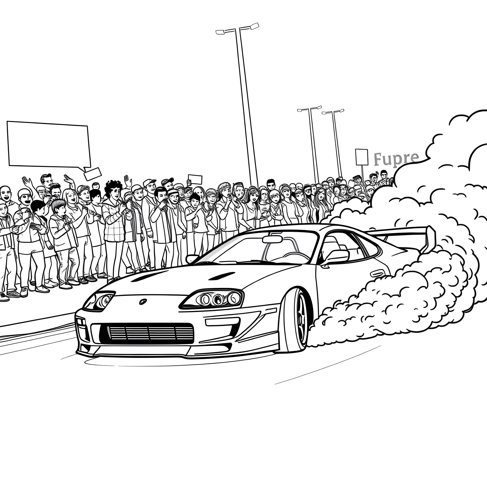 Supra sports car thrilling the crowd at the race Coloring Page (free black-and-white line drawing printable PDF for all, from beginners to advanced learners, including children, teens, adults, and seniors)