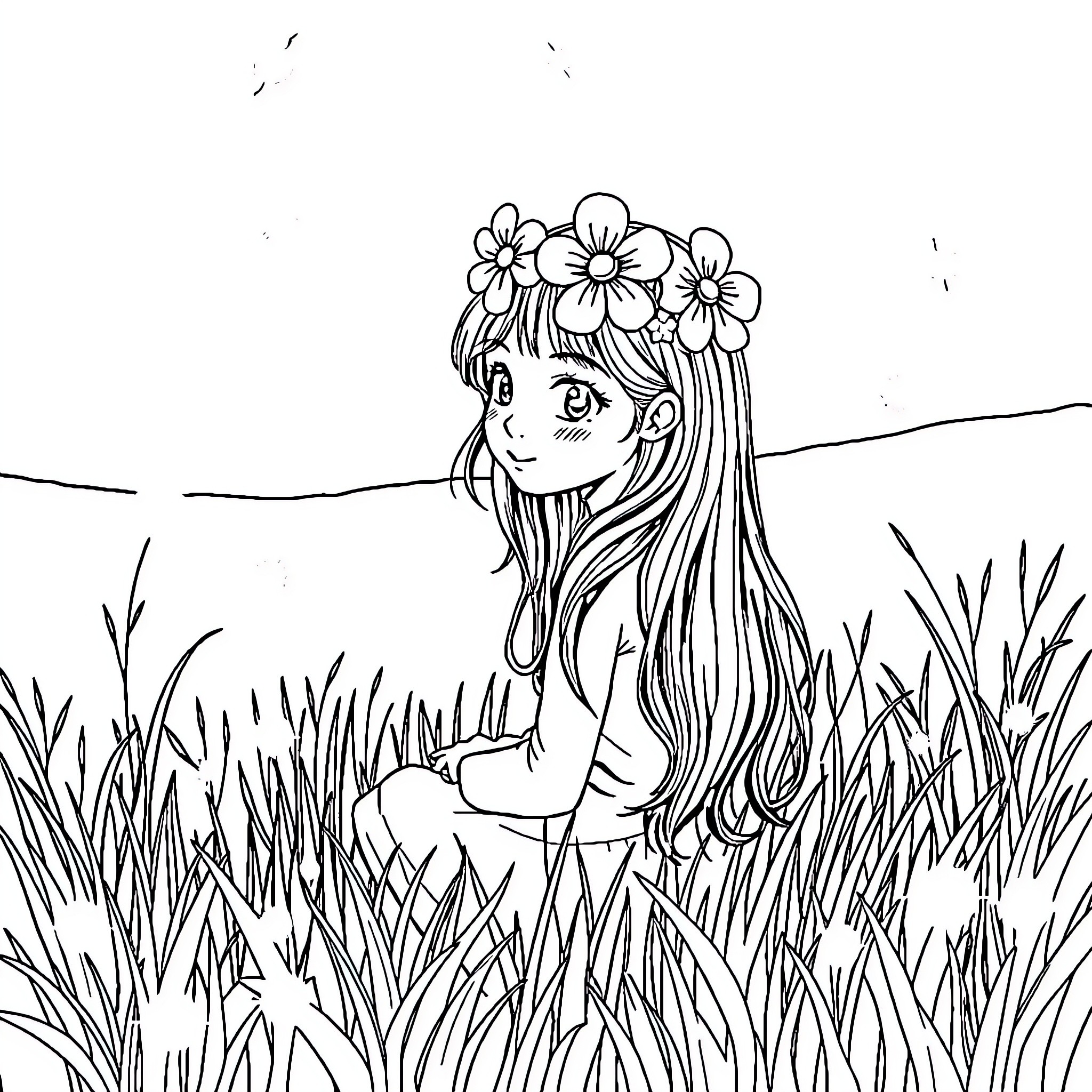 Girl admiring flowers in the meadow Coloring Page (free black-and-white line drawing printable PDF for all, from beginners to advanced learners, including children, teens, adults, and seniors)