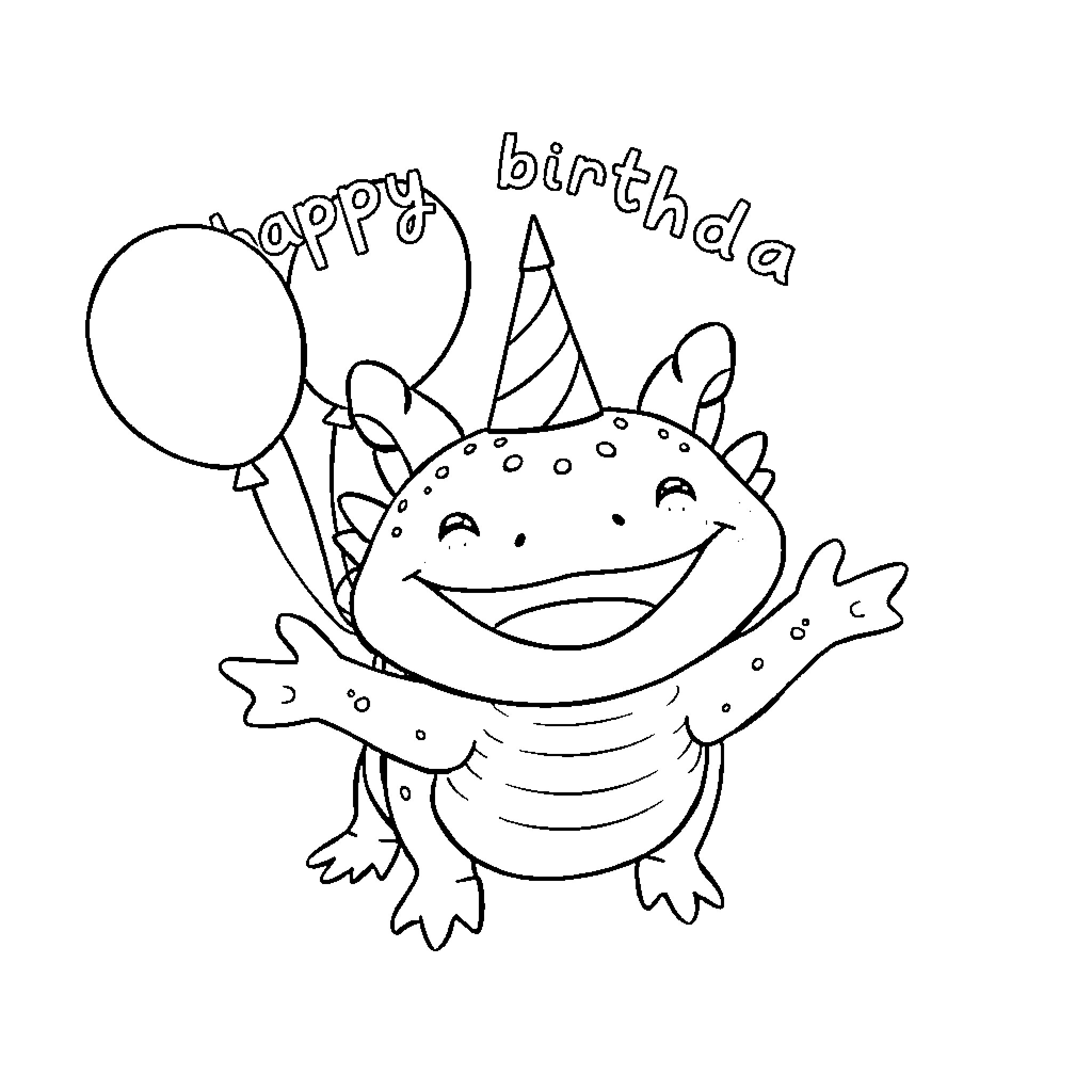 Axolotl Celebrating Happy Birthday with Balloons Coloring Page (free black-and-white line drawing printable PDF for all, from beginners to advanced learners, including children, teens, adults, and seniors)